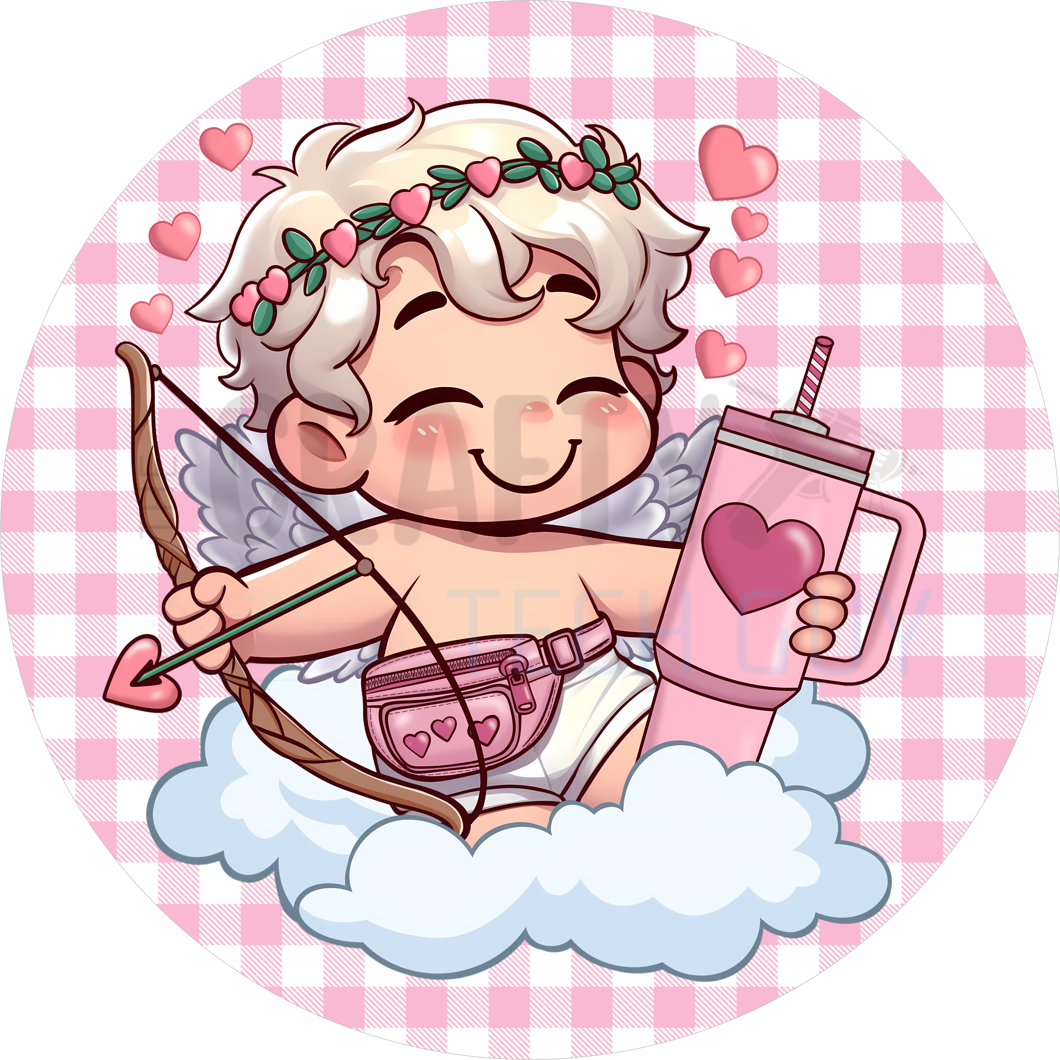 Pink Gingham Cupid Holding Tumbler Valentine Round Wreath Sign