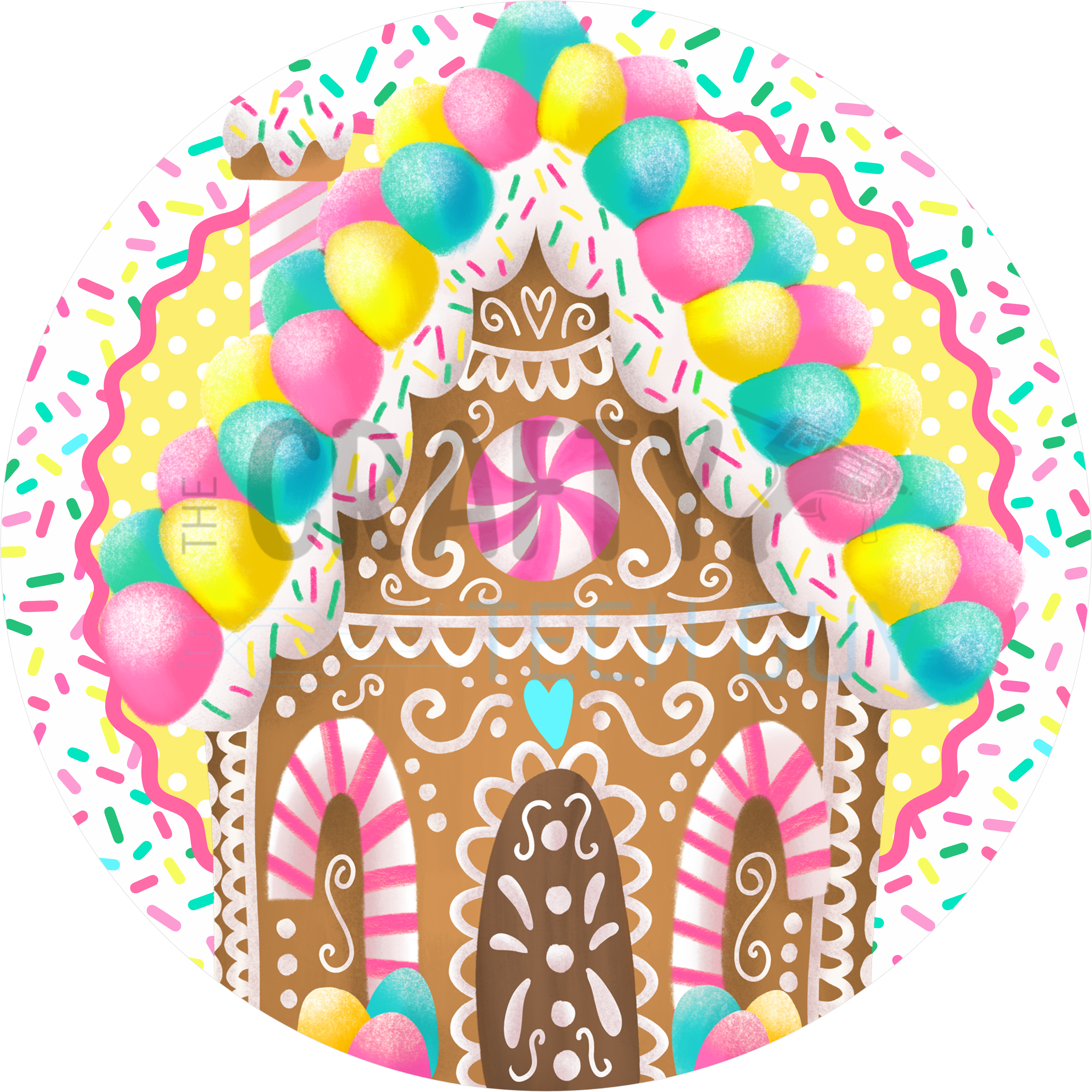 Whimsical Gingerbread House Sign with Candy Accents, Pastel Gumdrops, and Pink Peppermint Details on Sprinkle Background