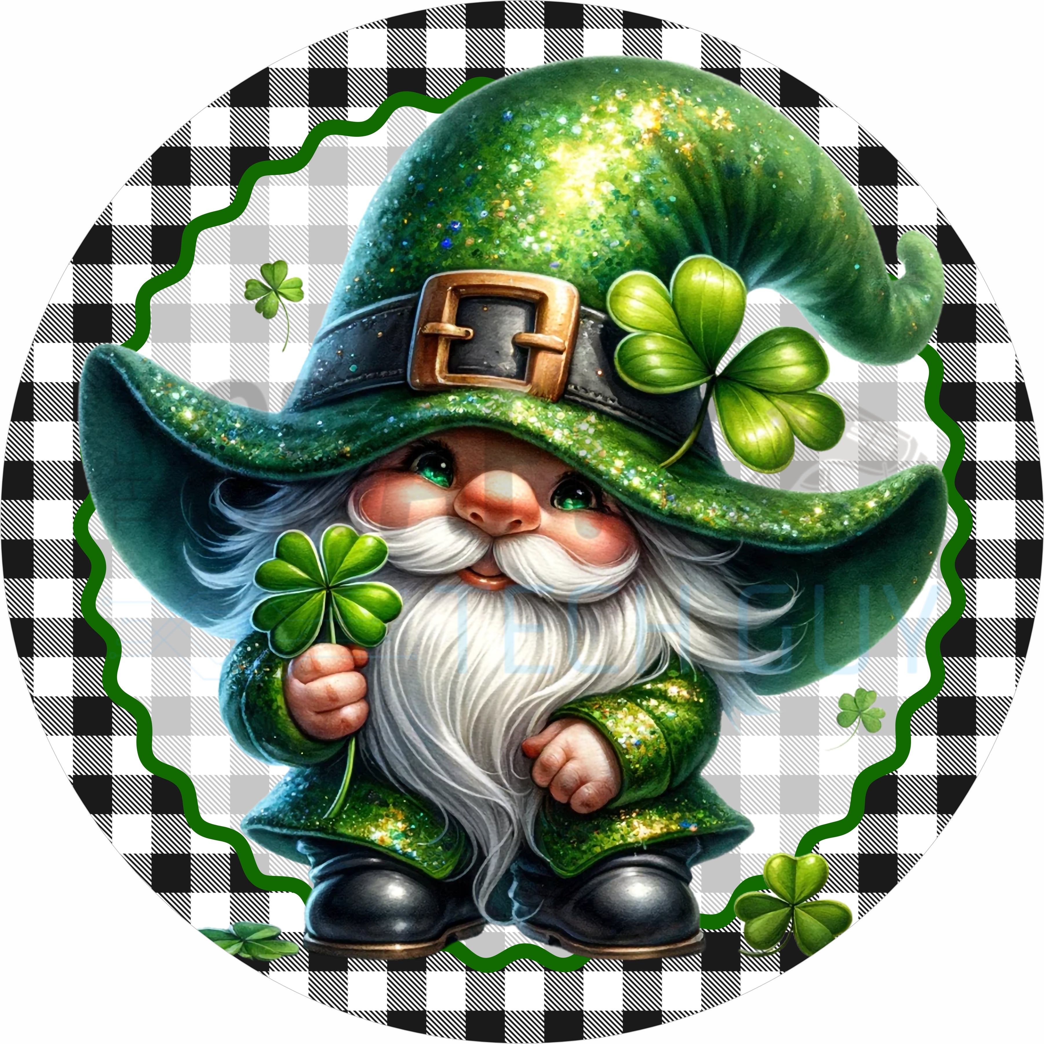 St. Patrick’s Day Gnome Round Wreath Sign – Buffalo Plaid Lucky Leprechaun Shamrock Decor