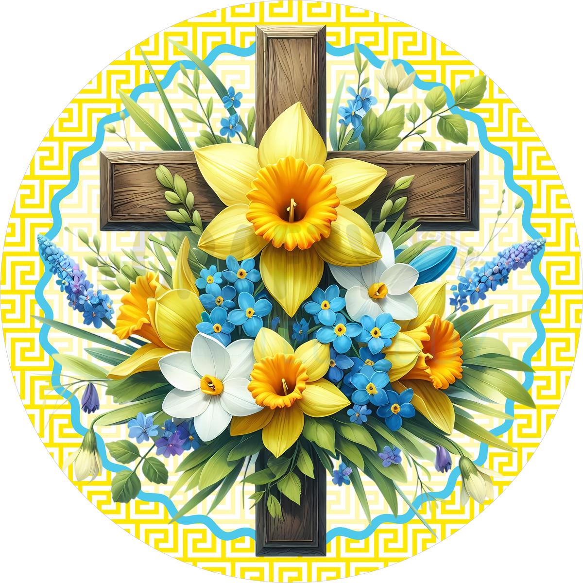 Spring Cross With Daffodils & Blue Florals Welcome Sign