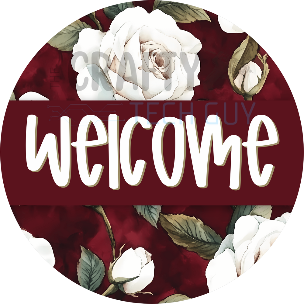 Welcome Sign with White Roses and Burgundy Background | Elegant Floral