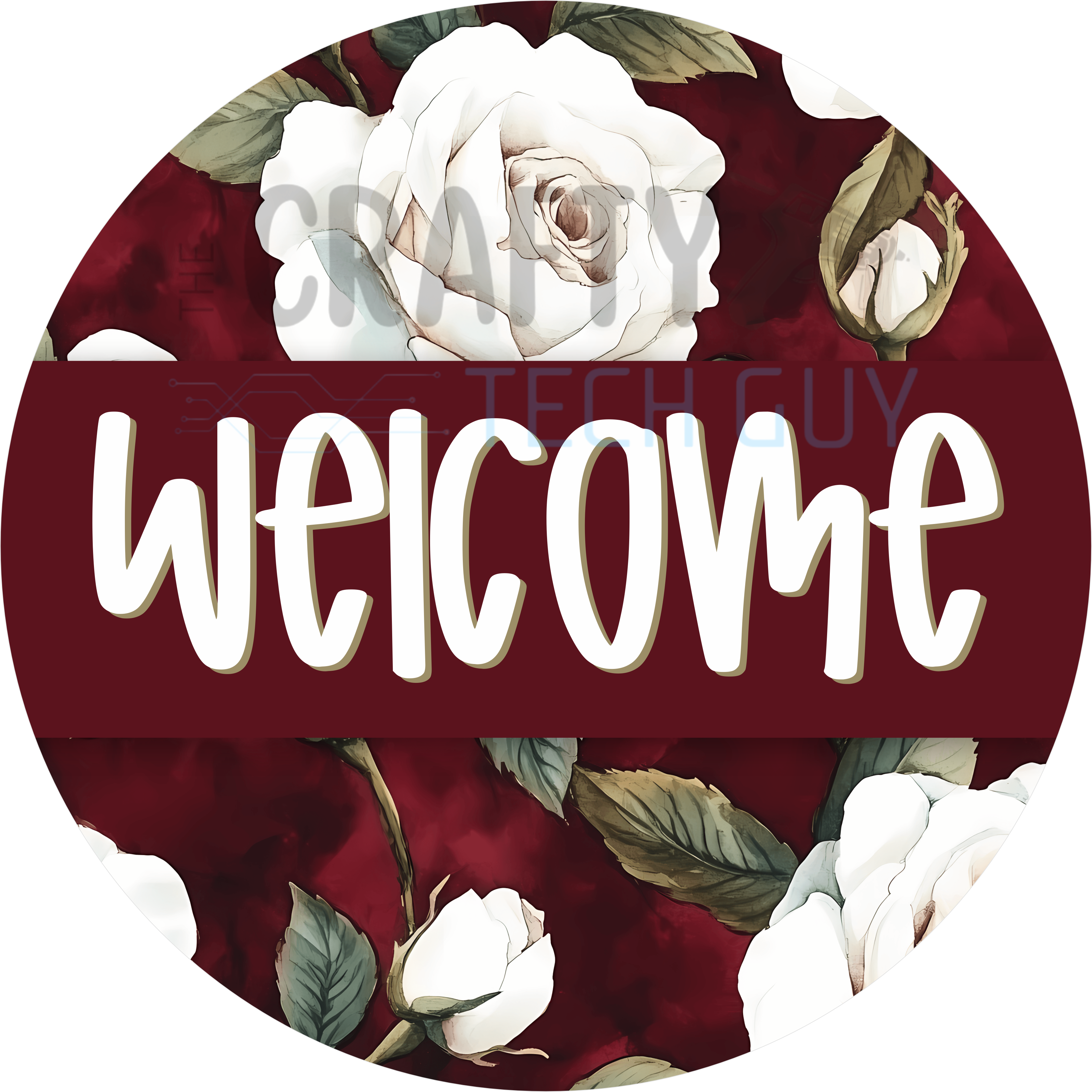 Welcome Sign with White Roses and Burgundy Background | Elegant Floral Design for Entryway, Porch, or Year-Round Home Décor