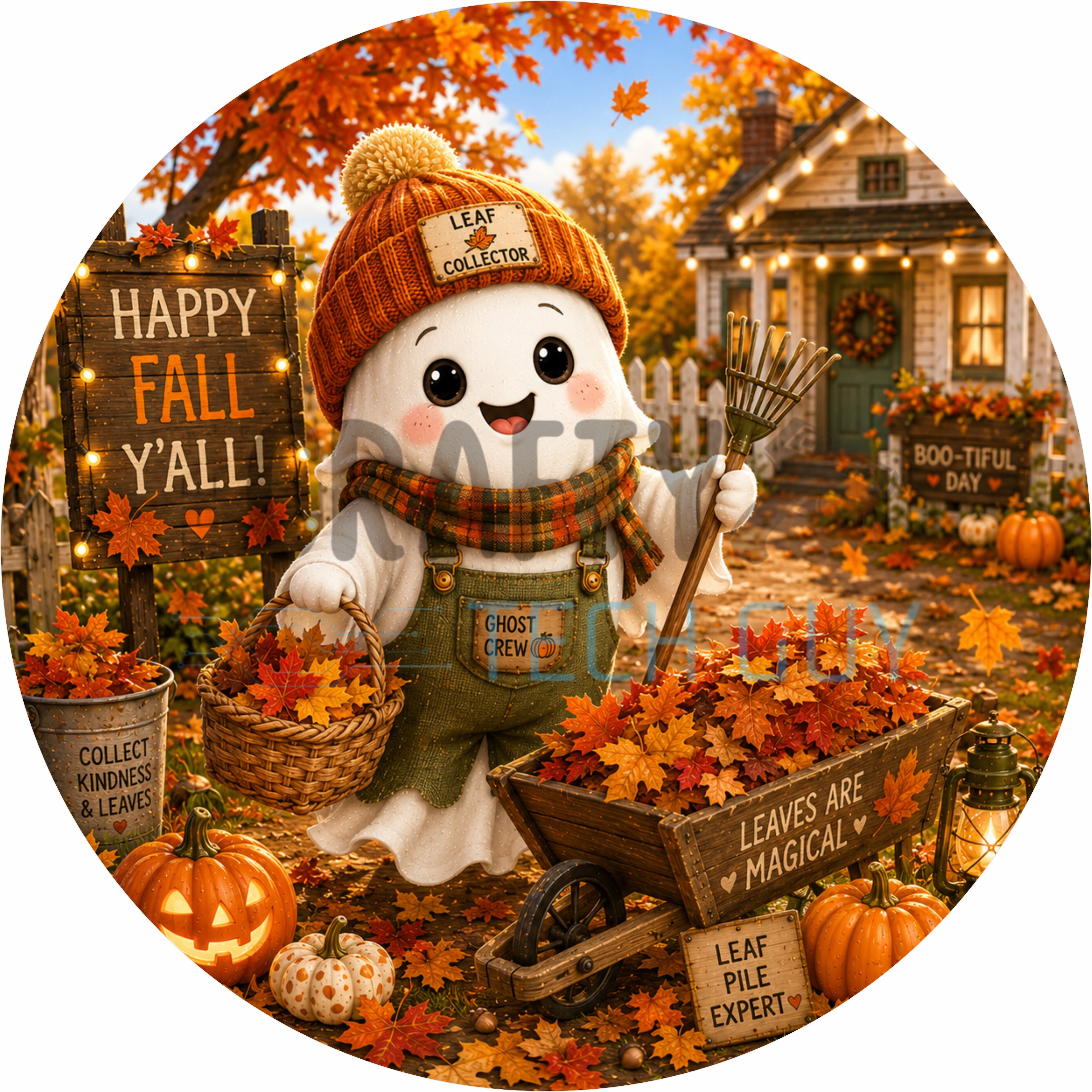 Happy Fall Y’all Ghost Leaf Collector Autumn Round Wreath Sign