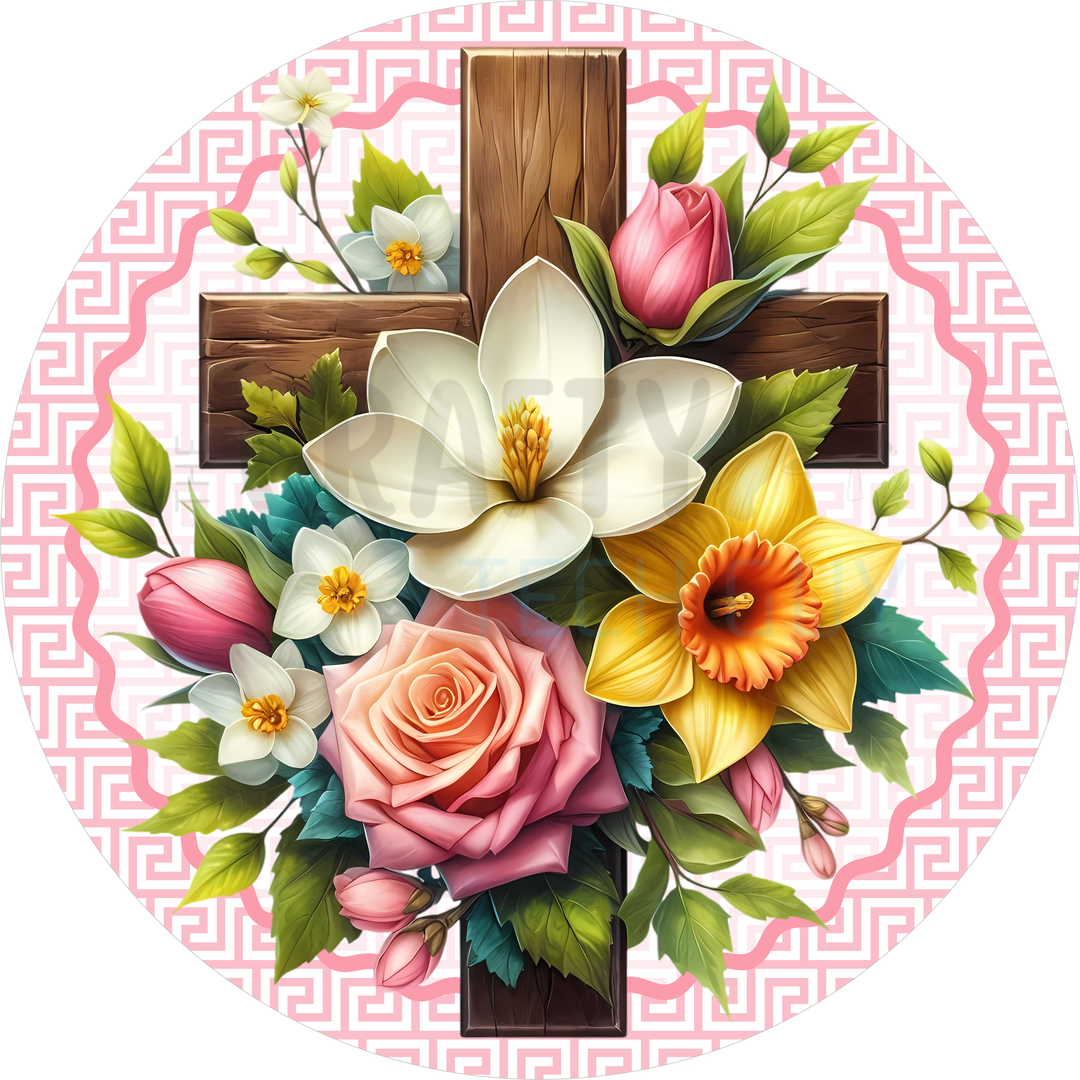 Spring Floral Cross Sign With Magnolia, Rose & Daffodil
