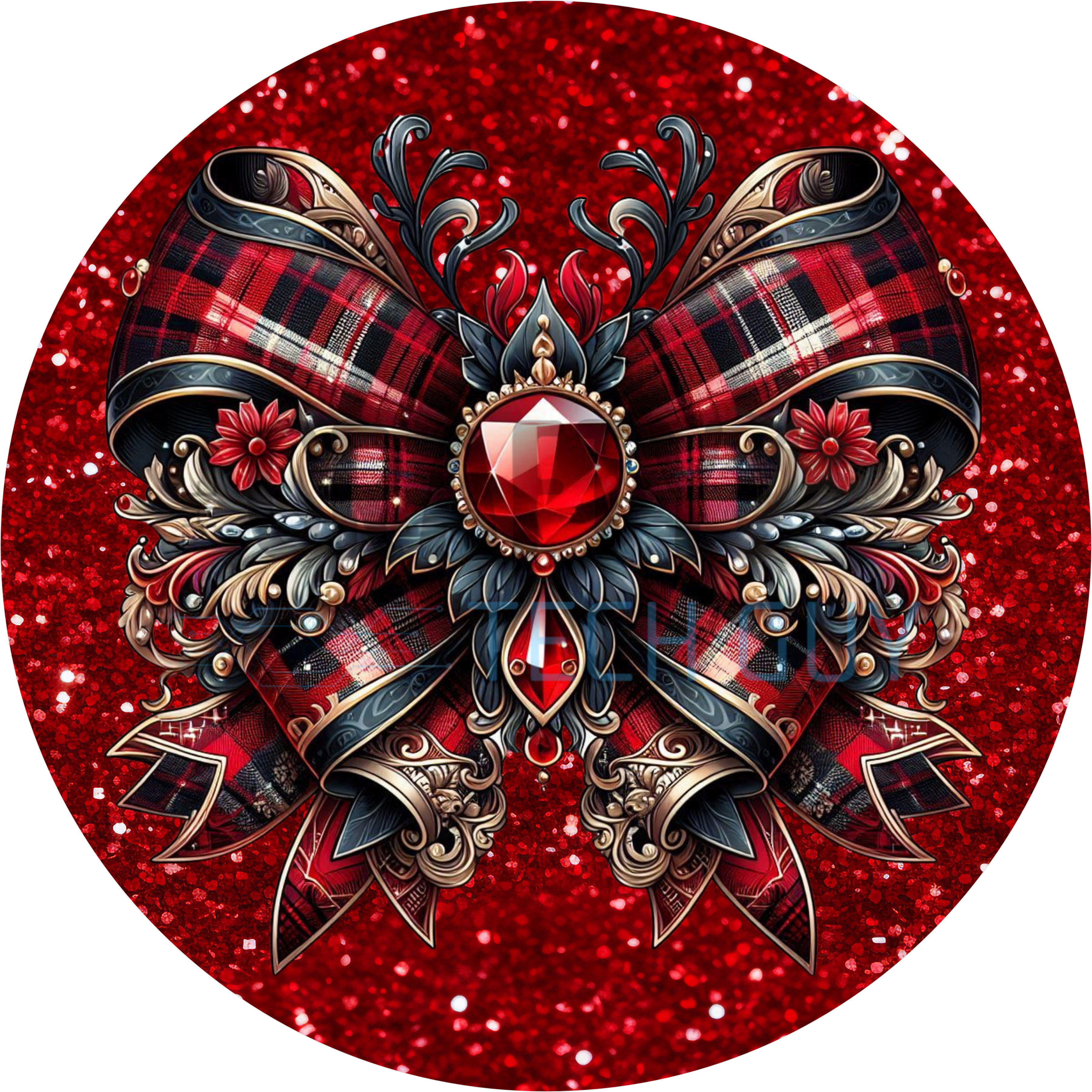 Elegant Red Tartan Christmas Bow with Jewel Center and Gold Accents on Glitter Red Background