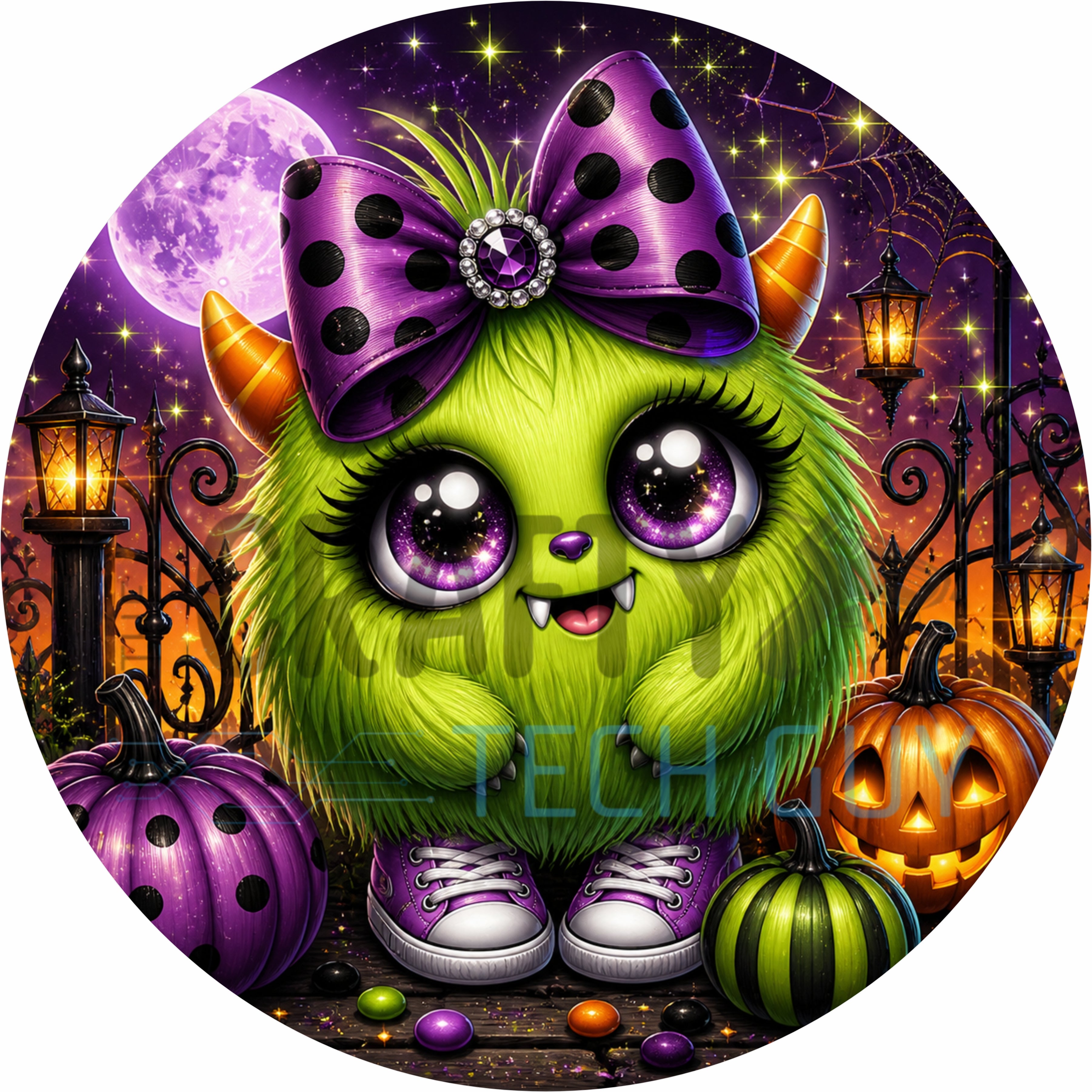 Cute Green Monster Halloween Round Wreath Sign