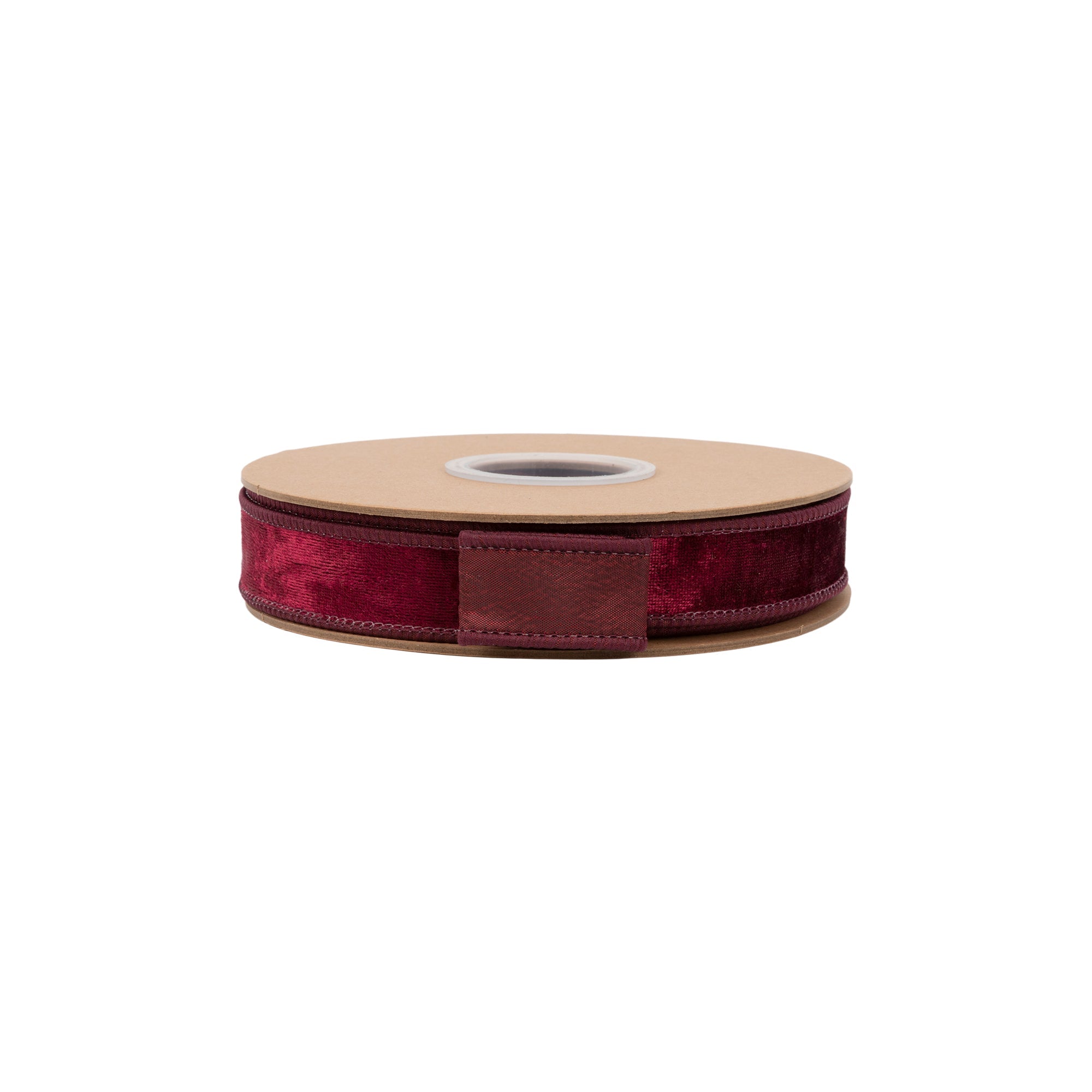 Close Up of Burgundy Wine Heritage Velvet Pile on Narrow Wired Wreath Ribbon