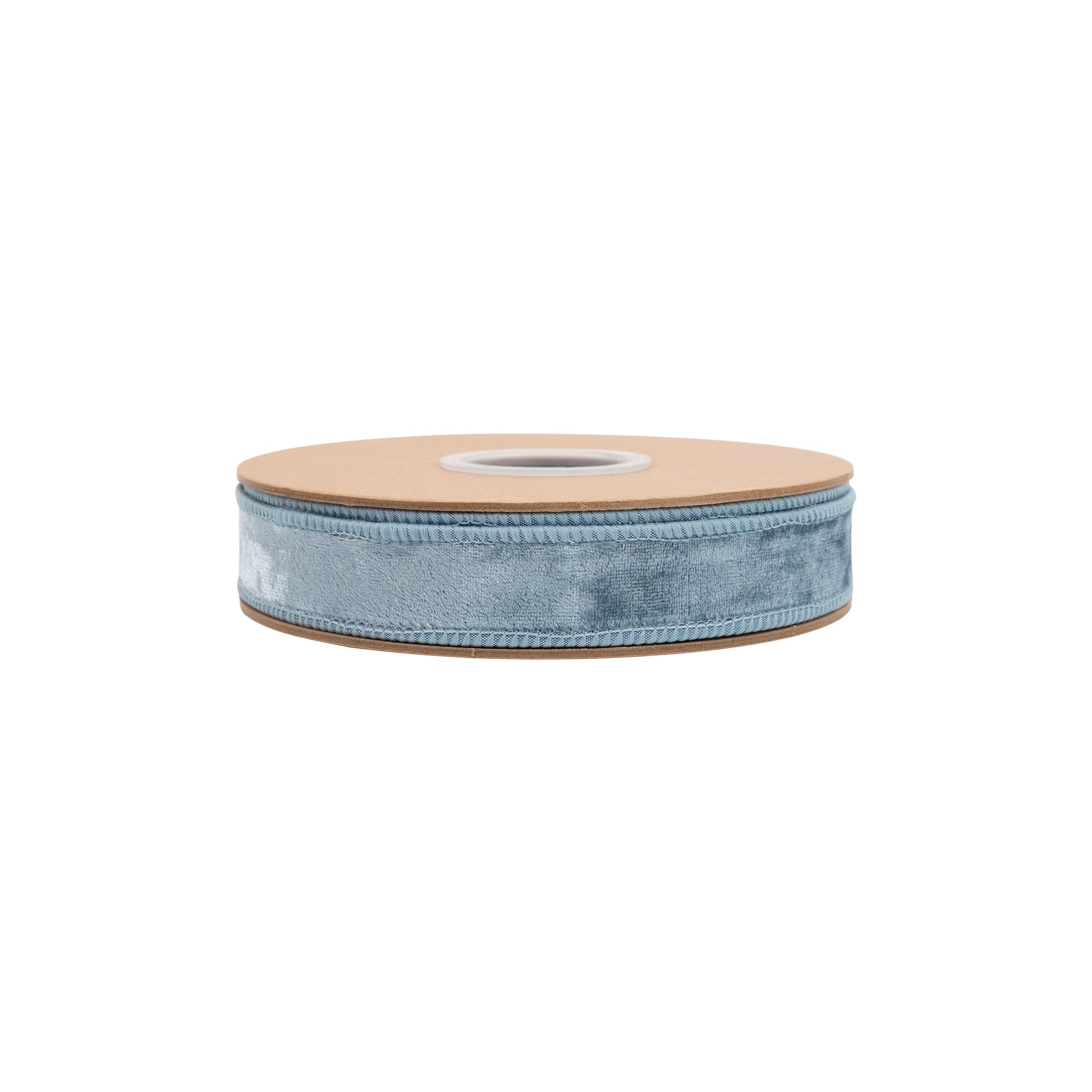 Close Up of French Blue Heritage Velvet Pile on Narrow Wired Wreath Ribbon