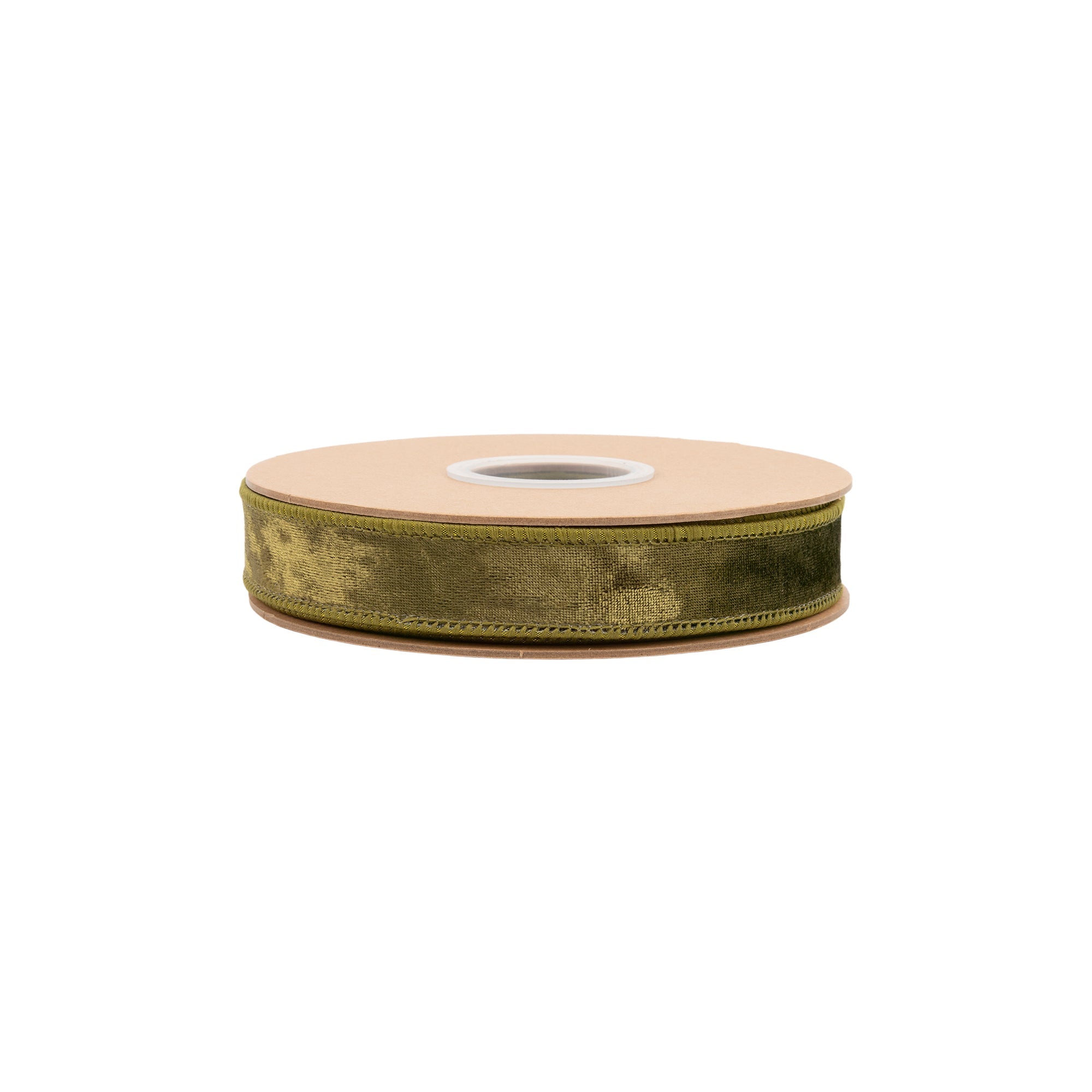 Close Up of Moss Olive Heritage Velvet Pile on Narrow Wired Wreath Ribbon