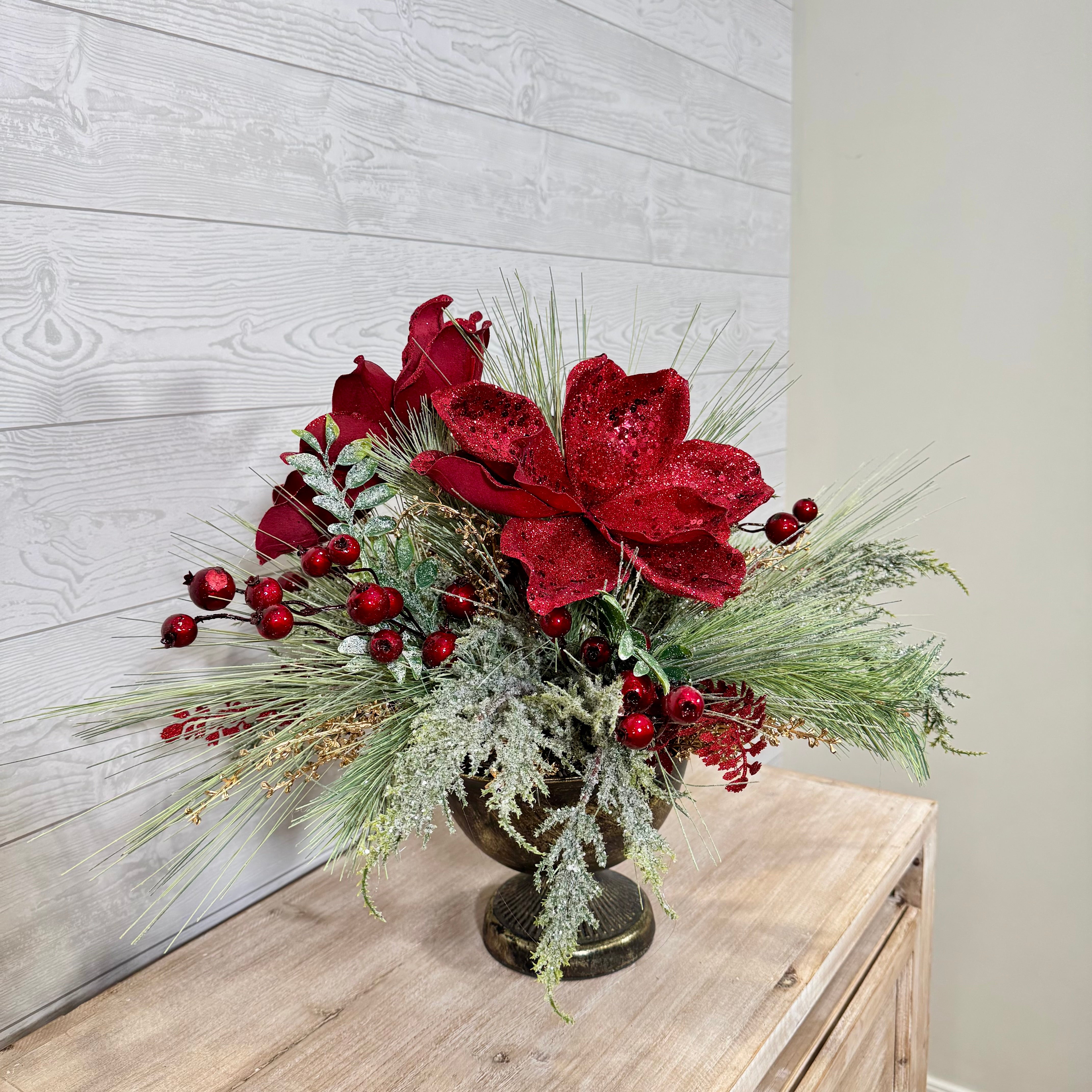Elegant Red Magnolia Christmas Centerpiece, Holiday Floral Arrangement with Velvet Blooms, Winter Greenery & Berries, Luxury Christmas Table Decor