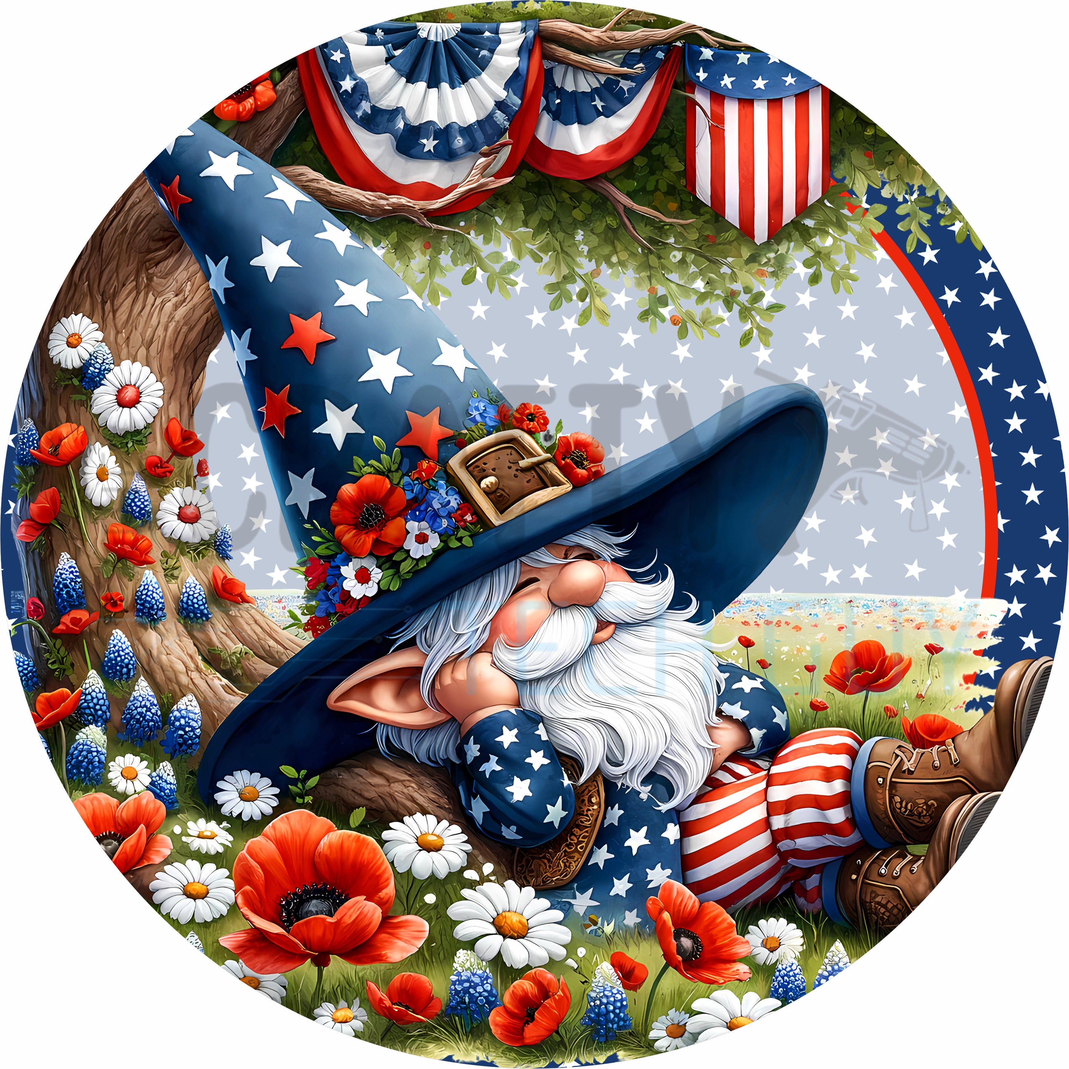 Patriotic Gnome Round Wreath Sign – Red White & Blue Americana Fourth of July Decor