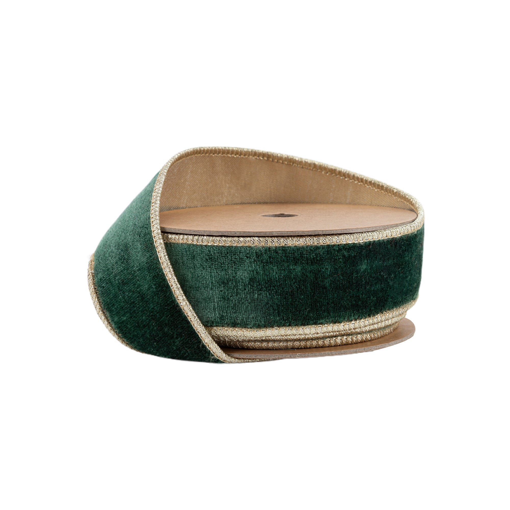 1 1/2 Inch 10 Yard Dark Green Premium Velvet Wired Ribbon with Gold Metallic Backing on Spool