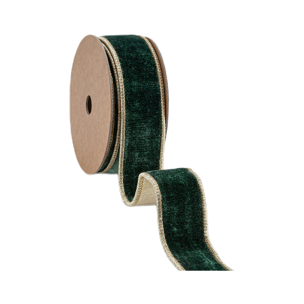 Gold Metallic Fused Backing on Dark Green Velvet Wired Wreath Ribbon