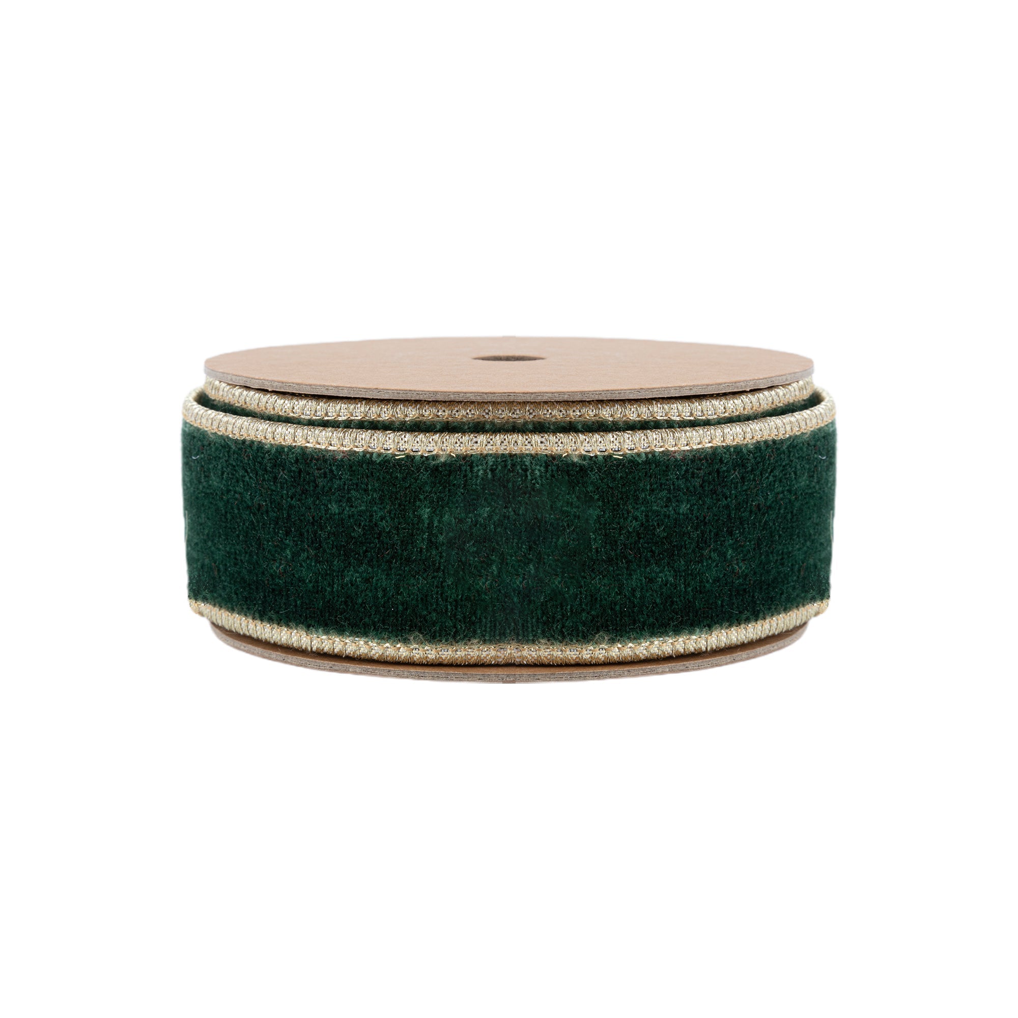 Close Up of Forest Green Velvet Nap and Gold Cord Edge on Wired Ribbon