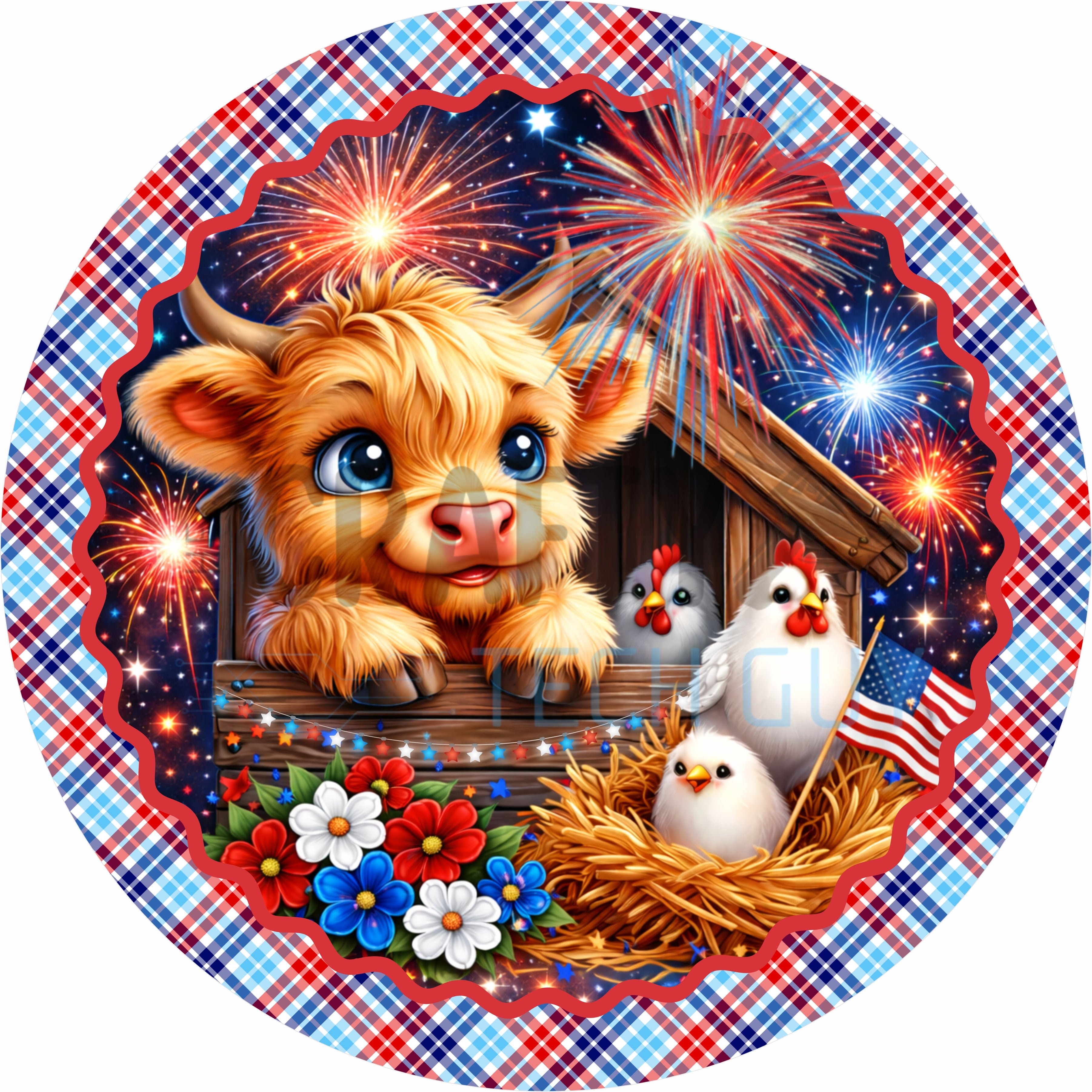 Patriotic Highland Cow Farm Round Wreath Sign