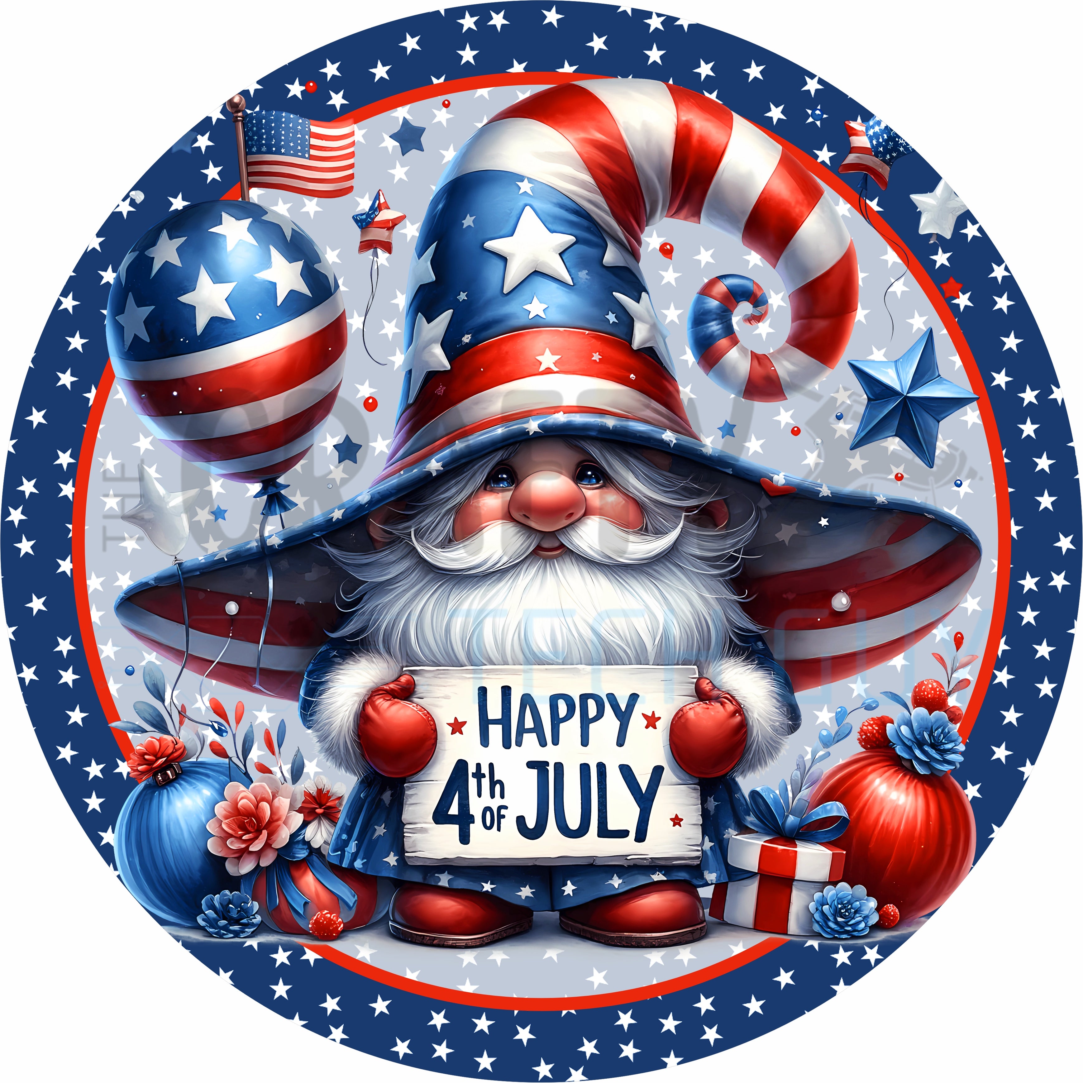Happy 4th of July Gnome Round Wreath Sign – Patriotic Red White & Blue Americana Decor