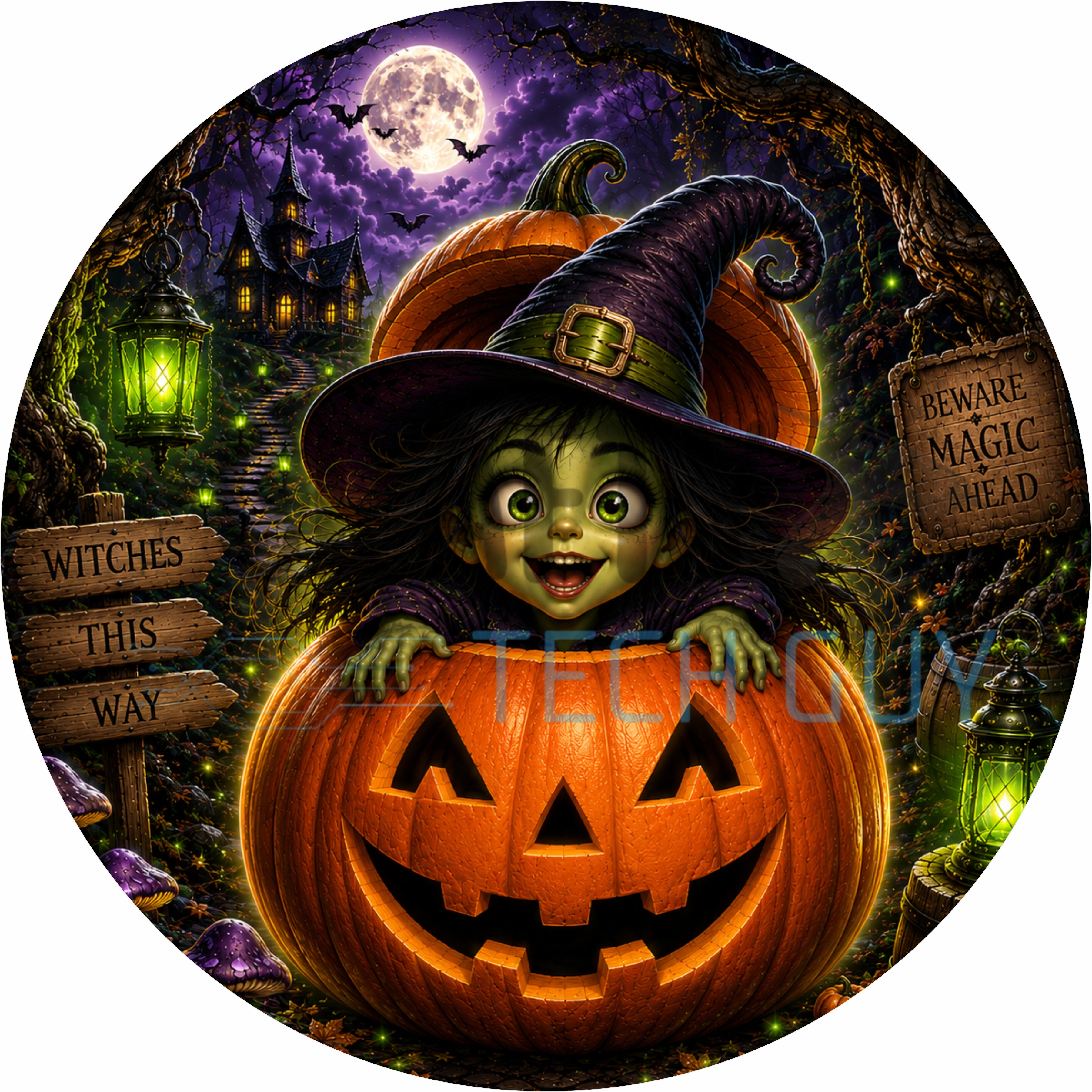 Little Witch in Pumpkin Halloween Round Wreath Sign