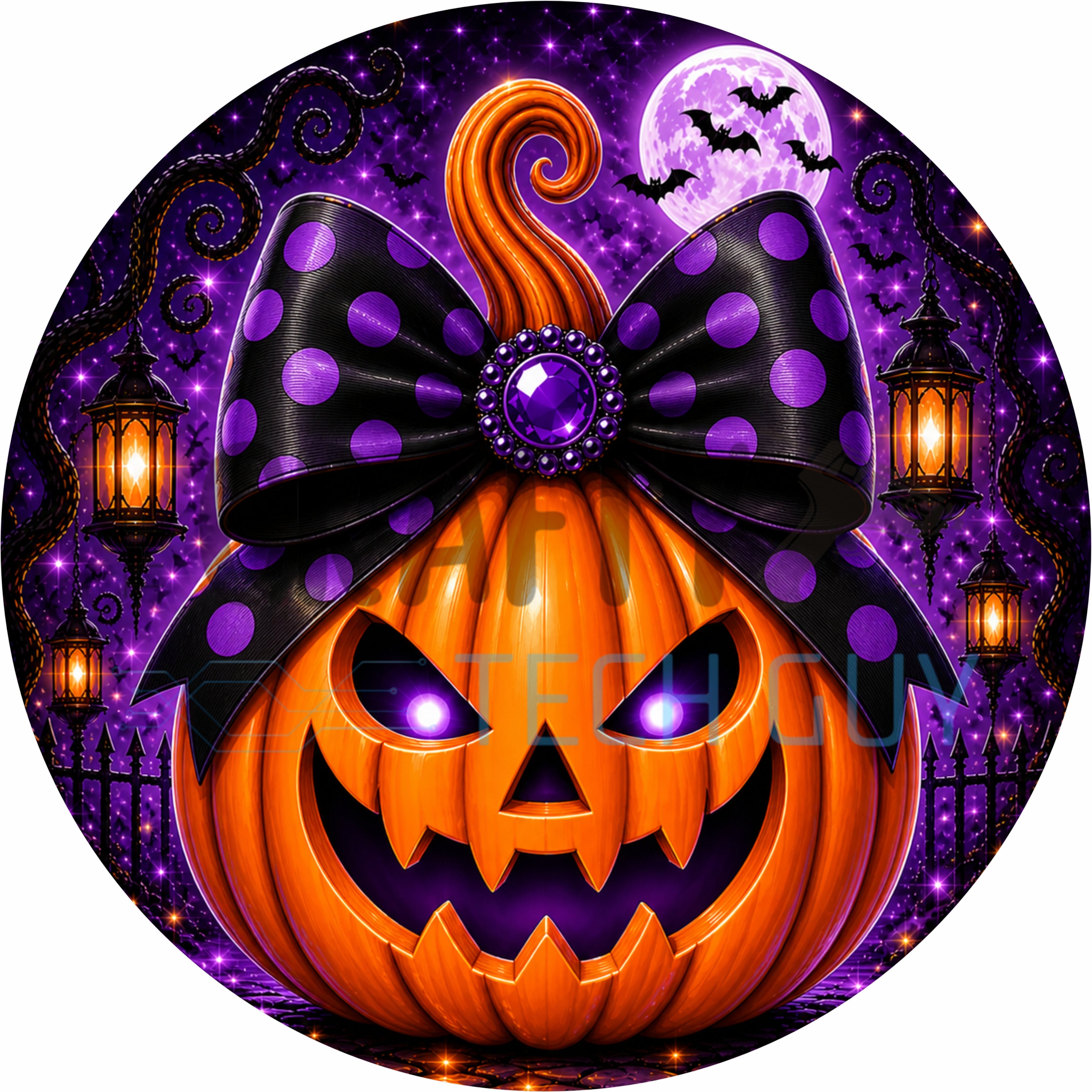 Purple Polka Dot Bow Halloween Pumpkin Round Wreath Sign