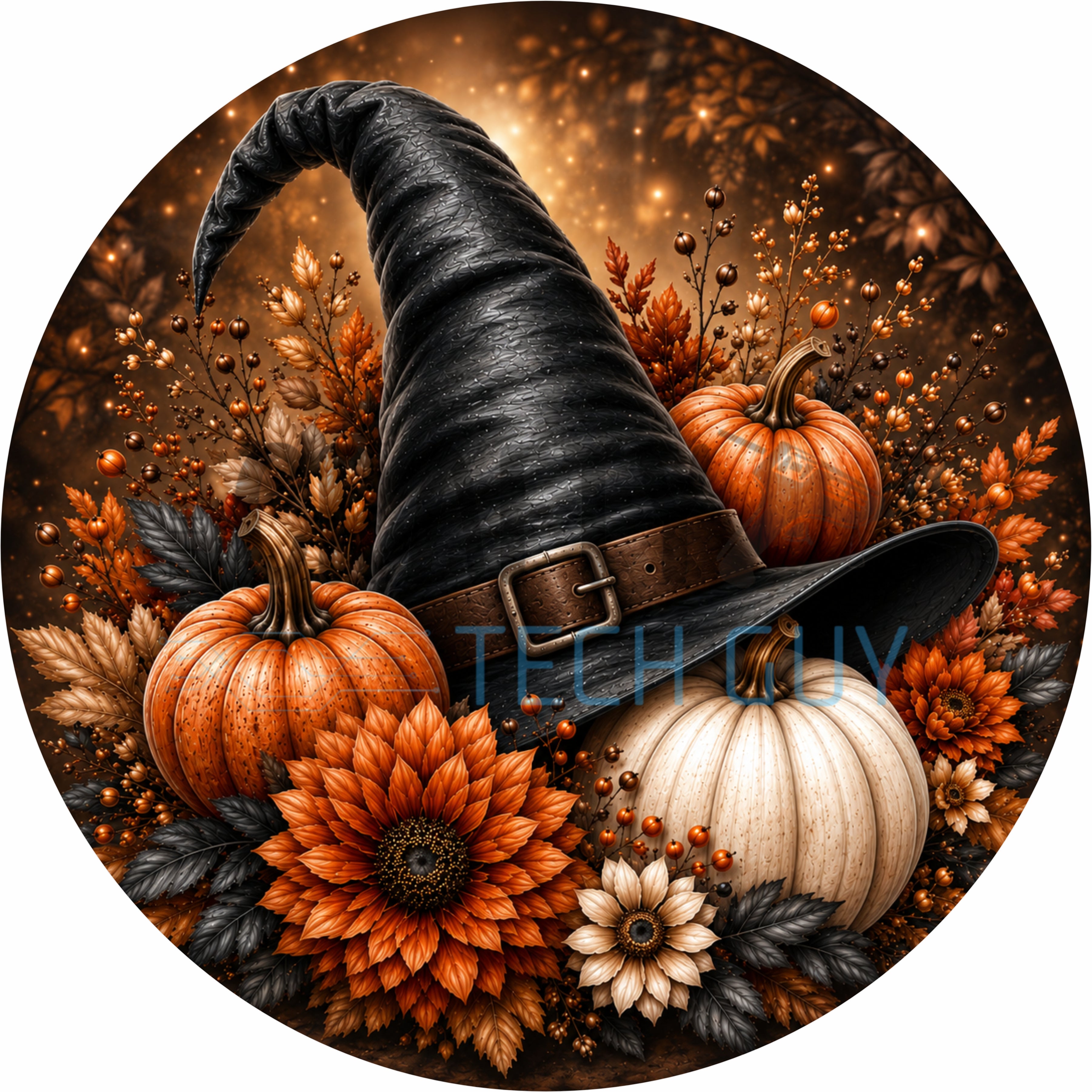 Black Witch Hat with Pumpkins and Autumn Florals Round Wreath Sign