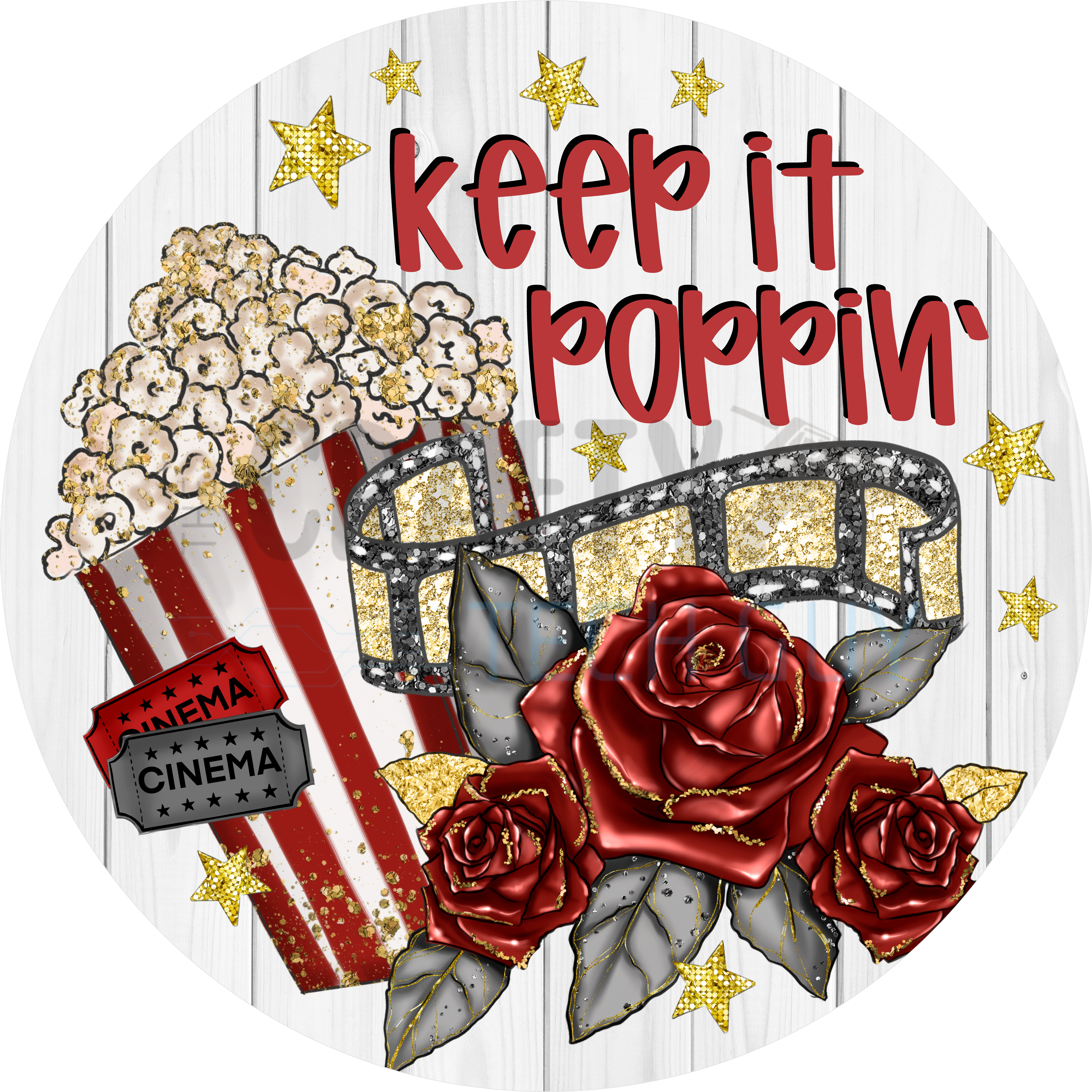 Keep It Poppin’ Movie Night Design | Red and Gold Popcorn, Roses, and Film Reel on White Wood Background for Fun Cinematic Décor