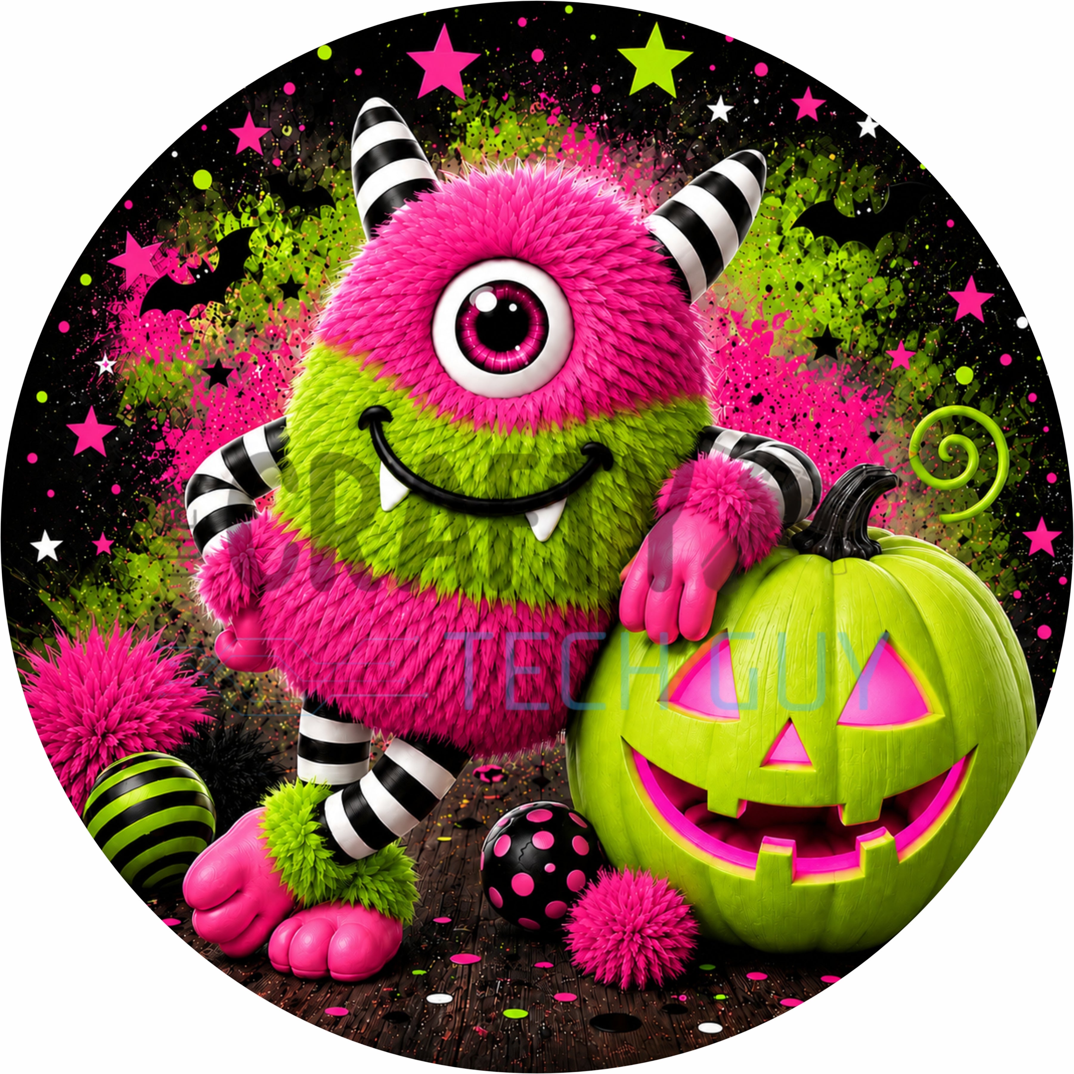 Neon Pink & Lime Halloween Monster with Glowing Pumpkin Round Wreath Sign