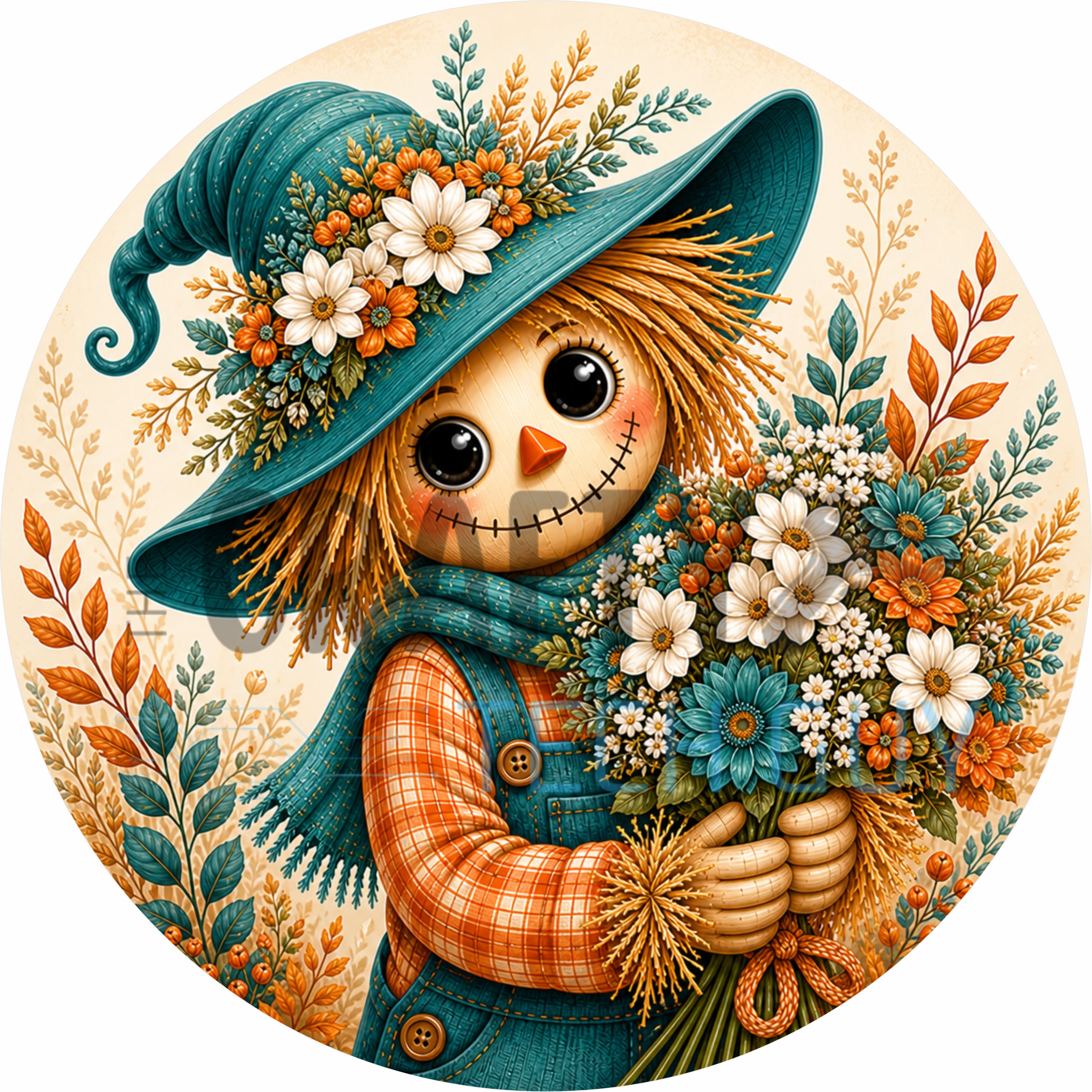 Teal Scarecrow Fall Floral Round Wreath Sign