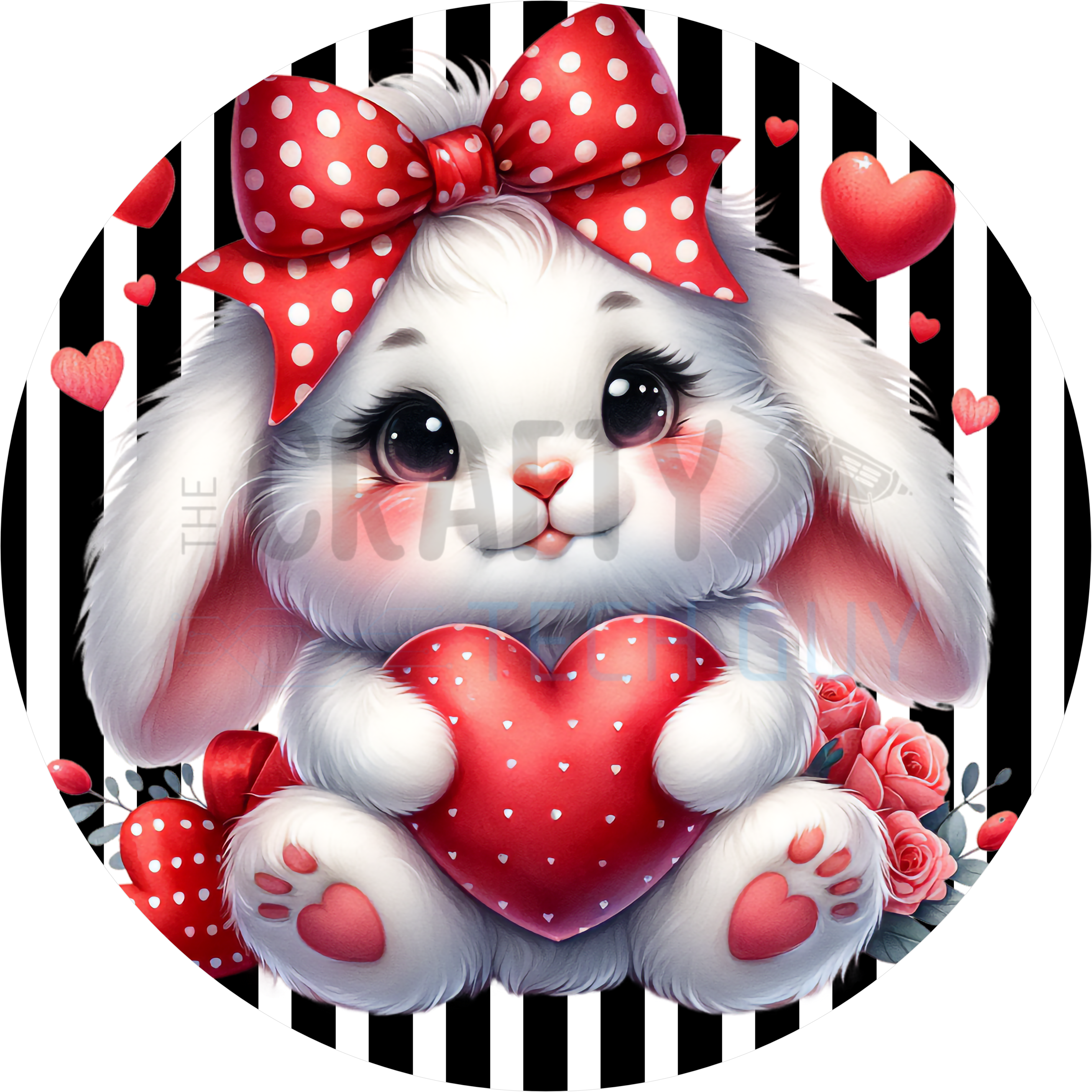 Cute Valentine Bunny Design | White Bunny Holding Red Heart with Polka Dot Bow and Roses for Sweet Valentine Home Décor