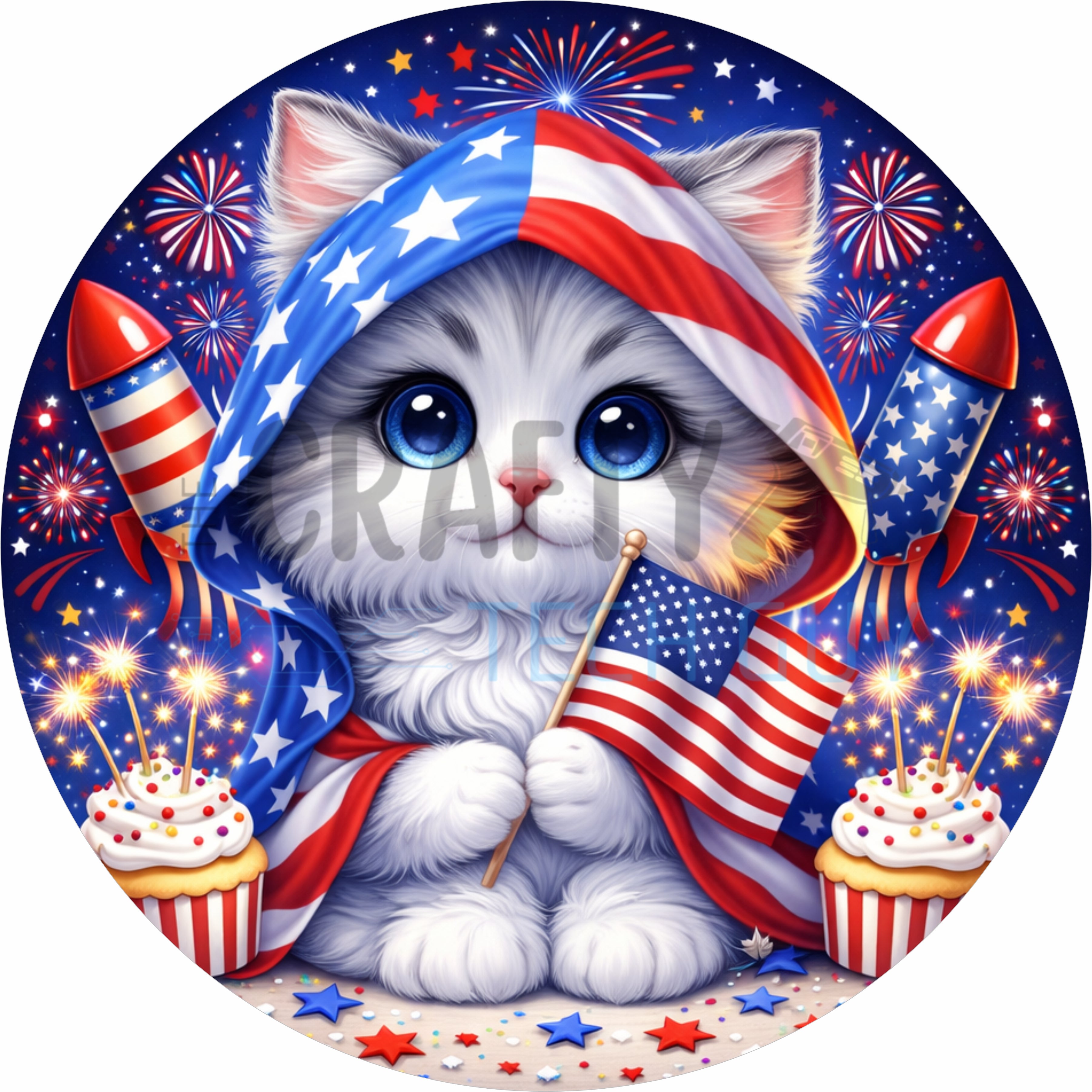 Patriotic Kitten Fireworks Round Wreath Sign