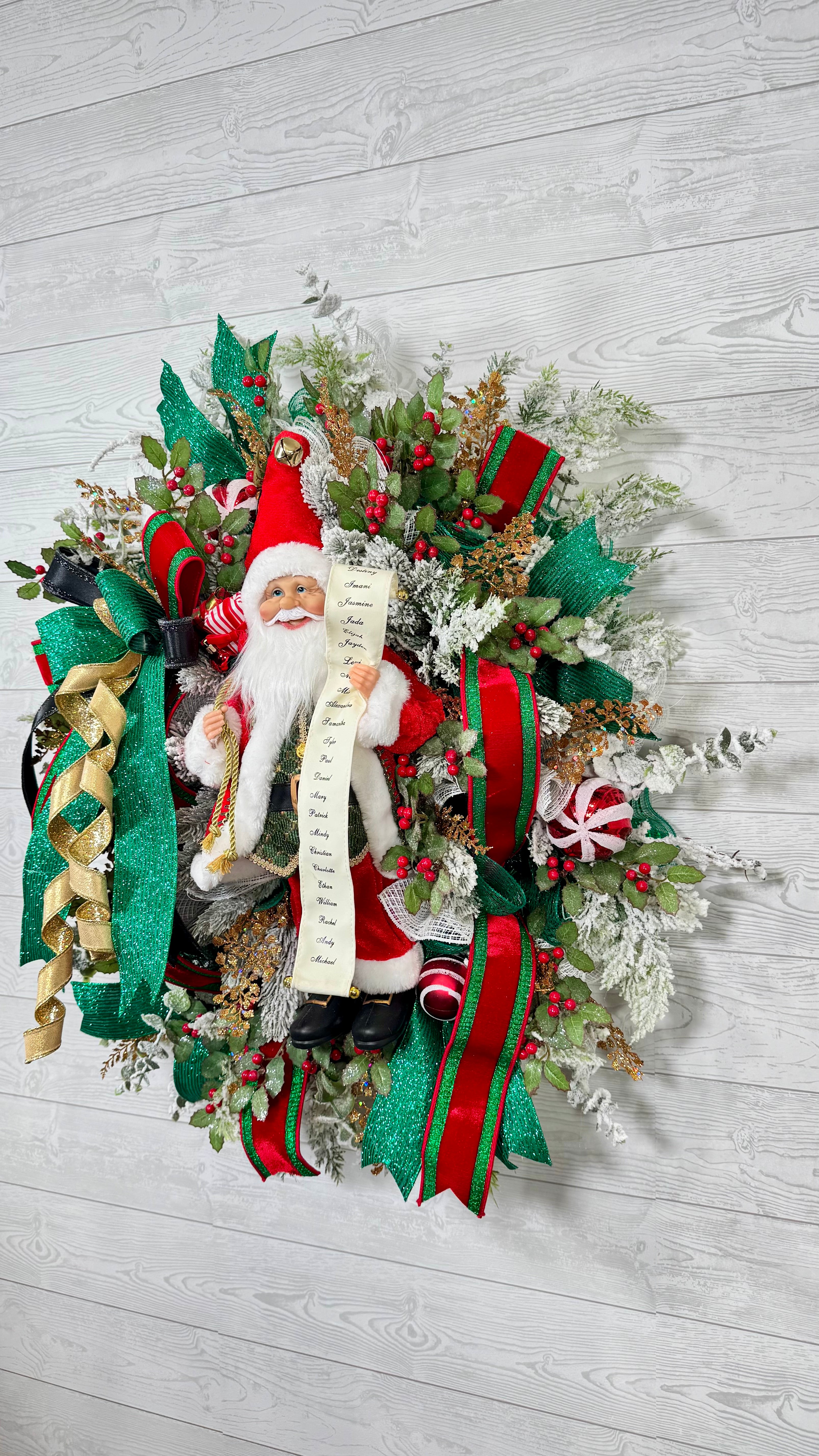 Santa Christmas Wreath, Festive Holiday Wreath with Santa Figure, Green and Gold Ribbon, Red Berries & Peppermint Accents