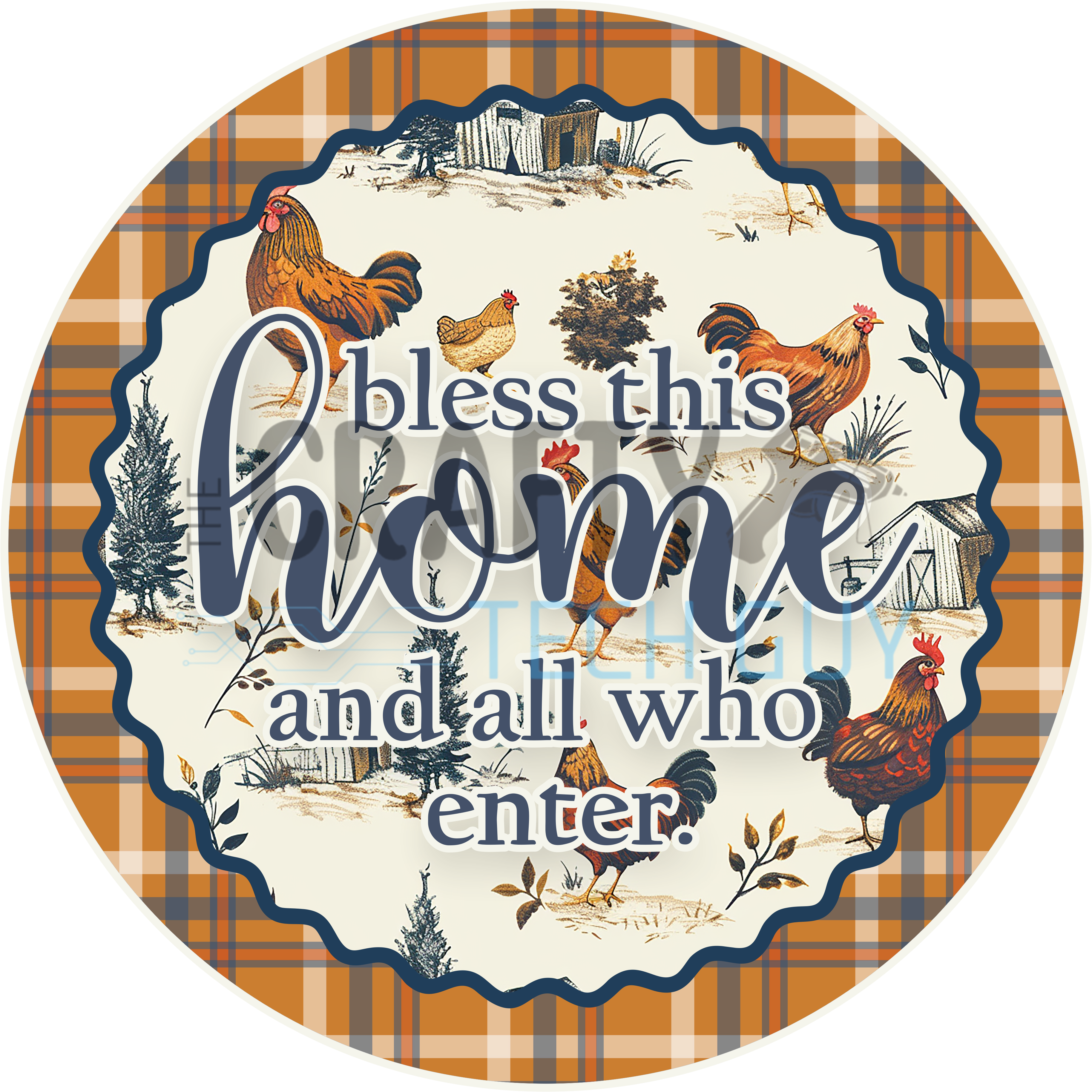 Bless This Home Country Rooster Design with Rustic Farm Scene | Farmhouse Plaid Art for Wreaths, Kitchen, and Country Home Décor