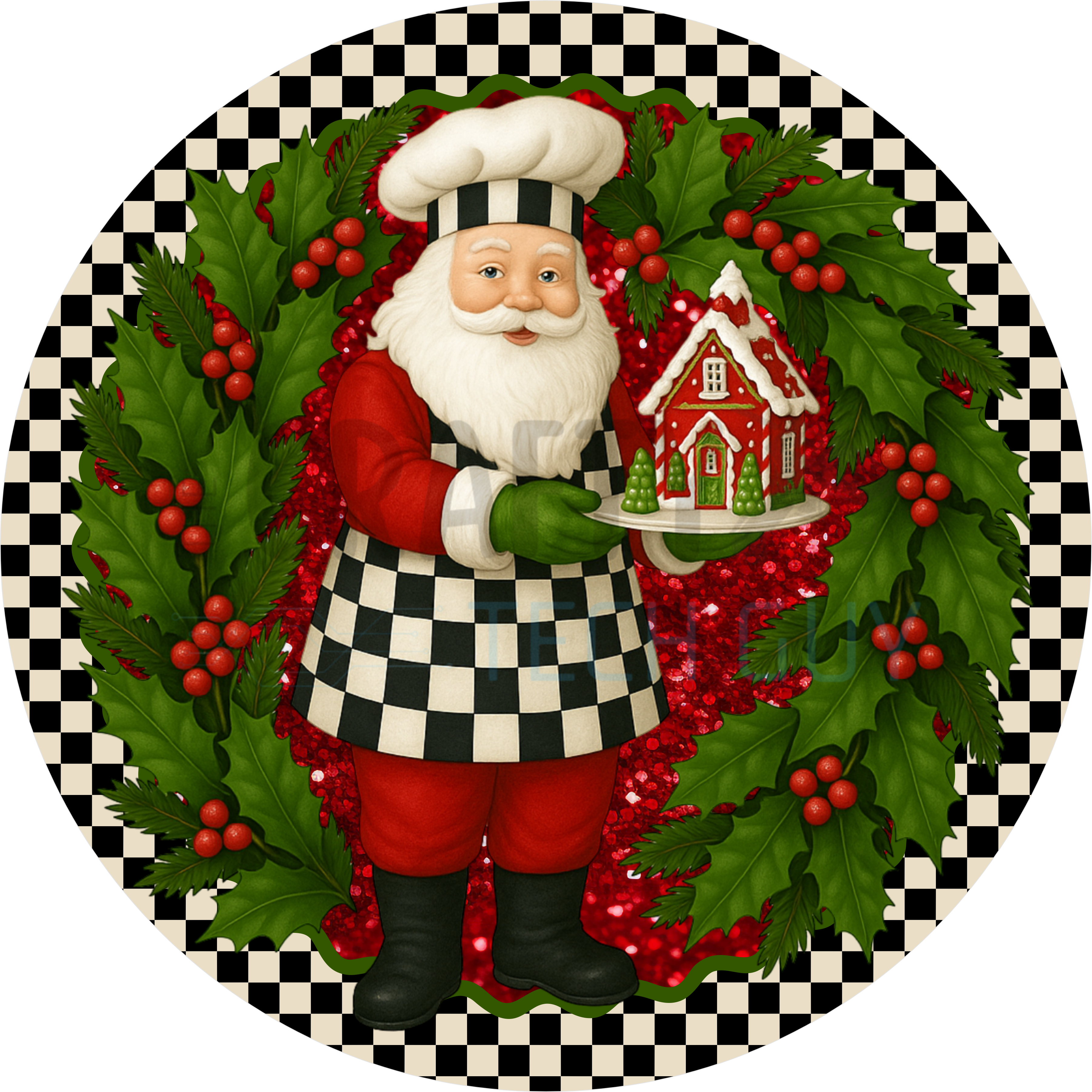 Santa Baker with Gingerbread House Design | Checkered Christmas Kitchen Art | Whimsical Holiday Chef Theme for Festive Décor