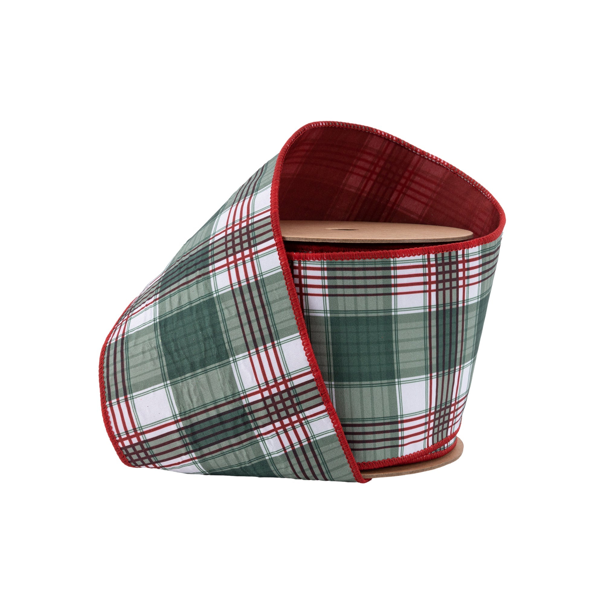 4 Inch 10 Yard Red Green Plaid Wired Reversible Dupioni Ribbon with Red Backing on Spool