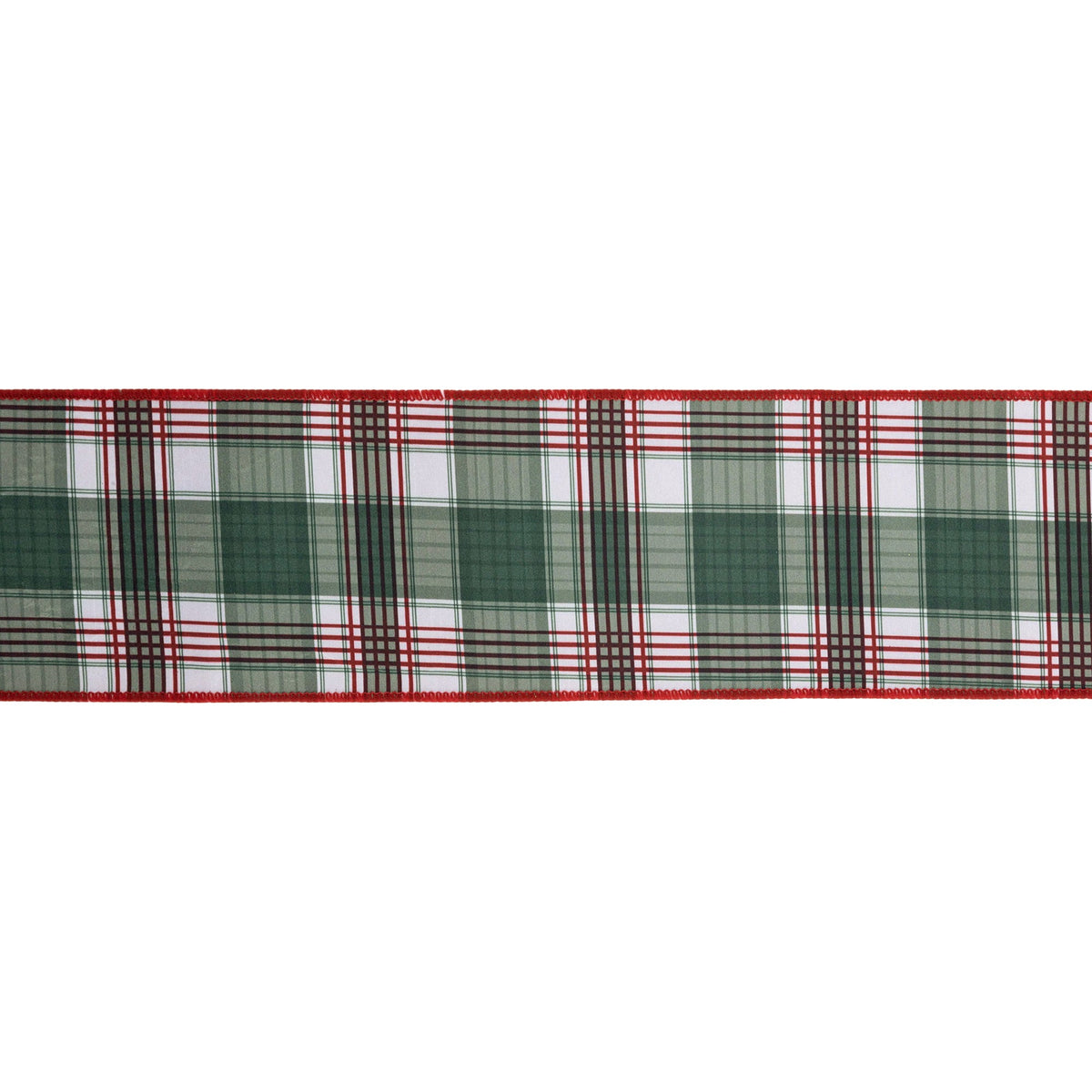 Close Up of Woven Green White and Red Christmas Tartan Plaid Wired Ribbon