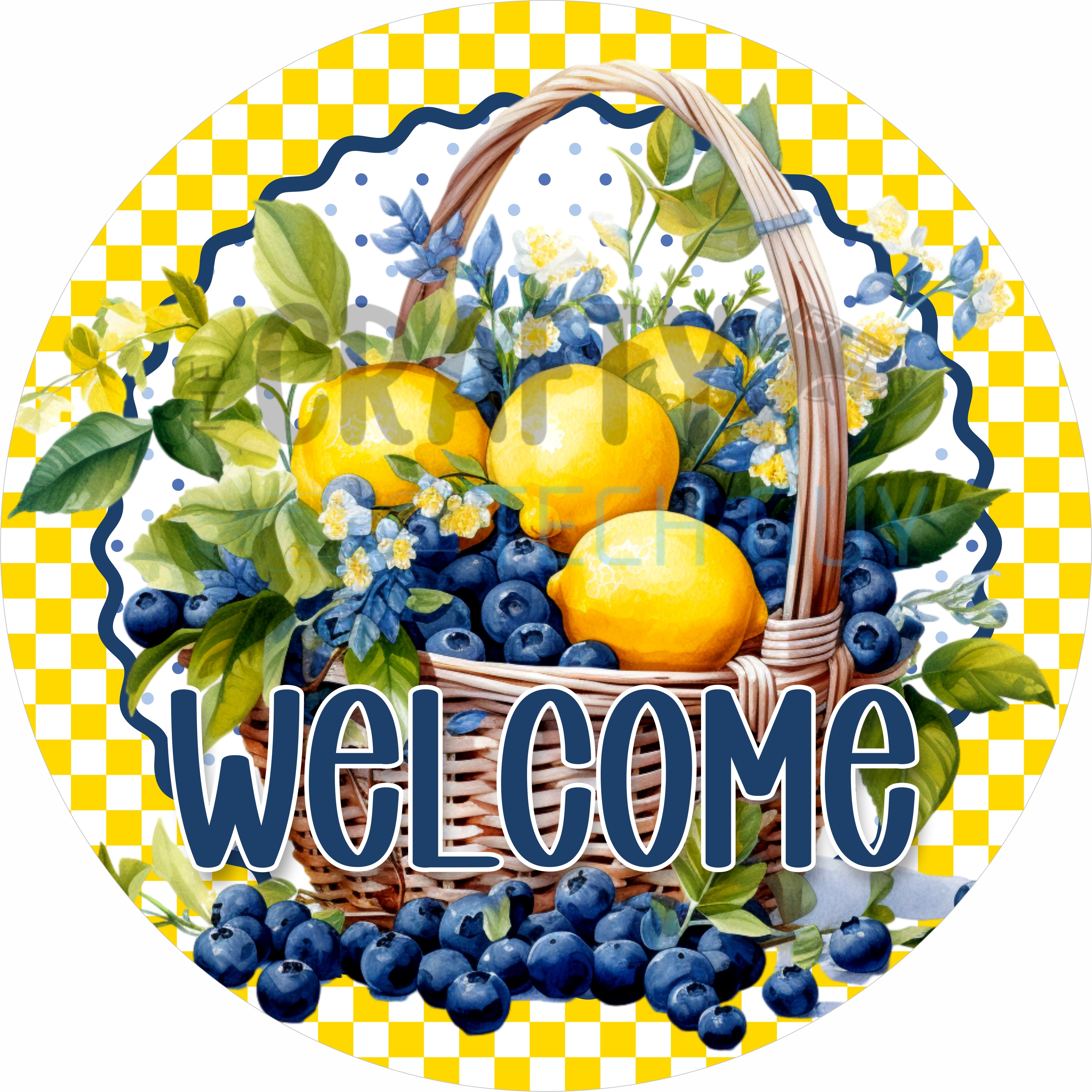 Lemon Blueberry Basket Welcome Round Wreath Sign