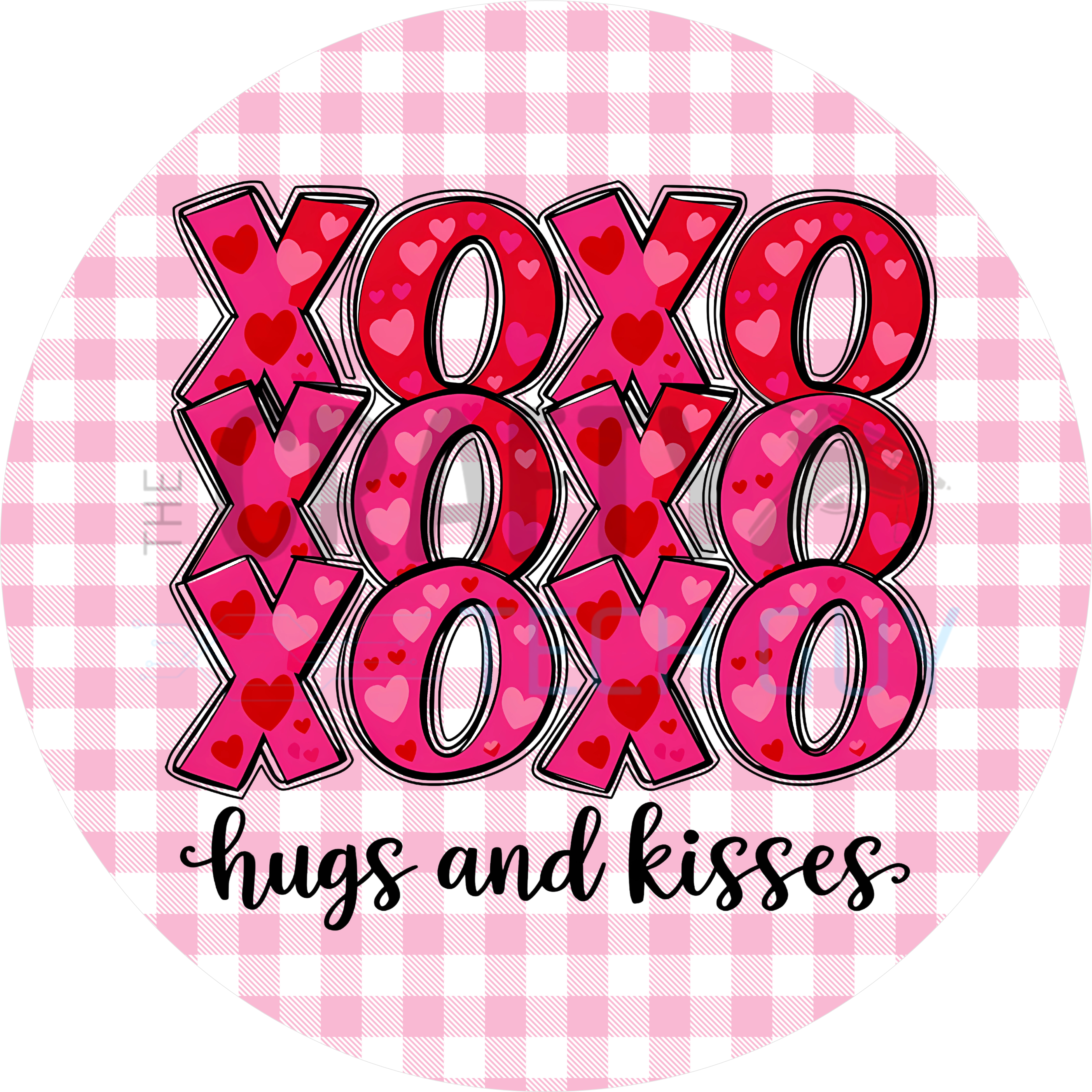 XOXO Hugs and Kisses Round Valentine Wreath Sign – Pink Gingham Heart Pattern Door Sign
