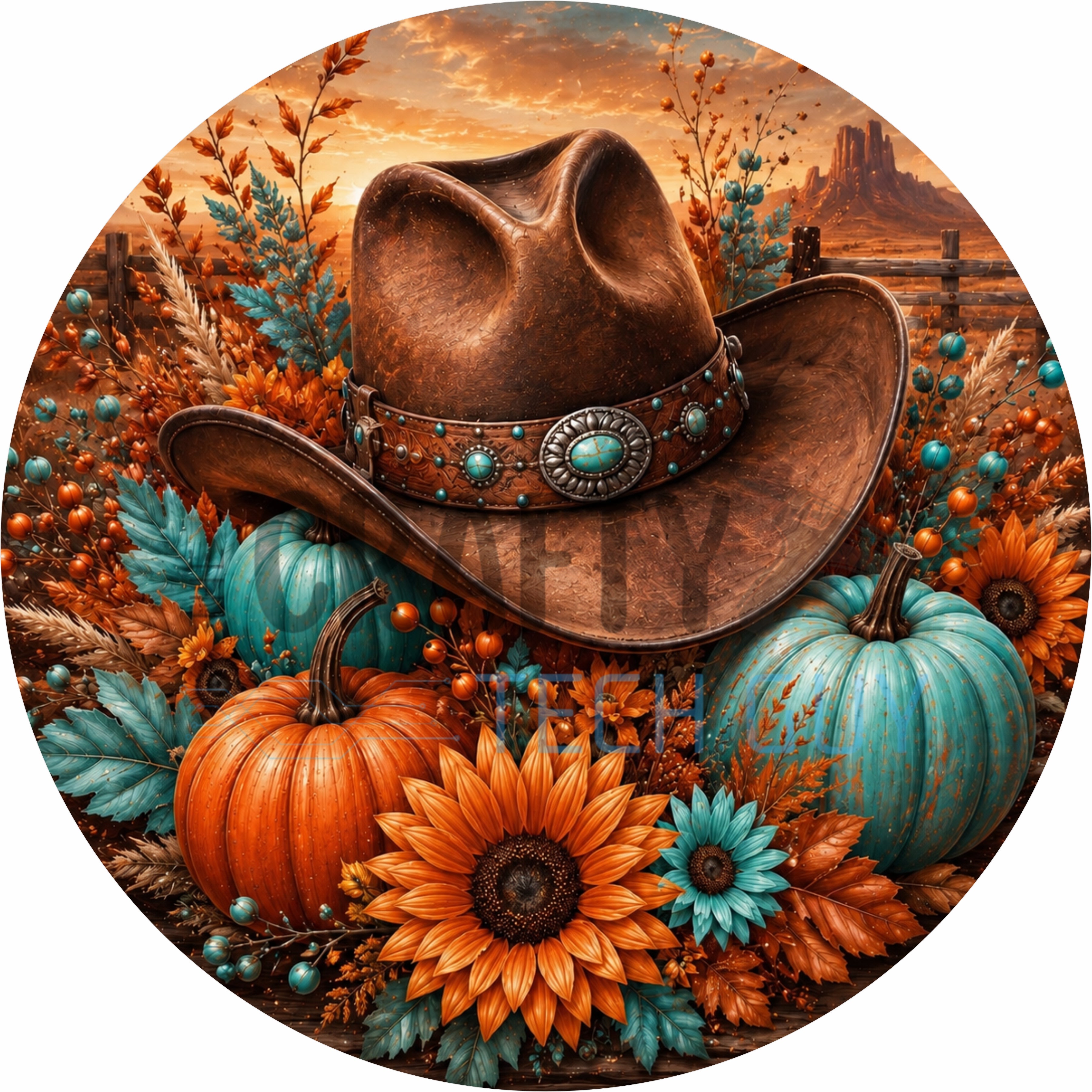 Rustic Turquoise Pumpkin Cowboy Hat Fall Round Wreath Sign