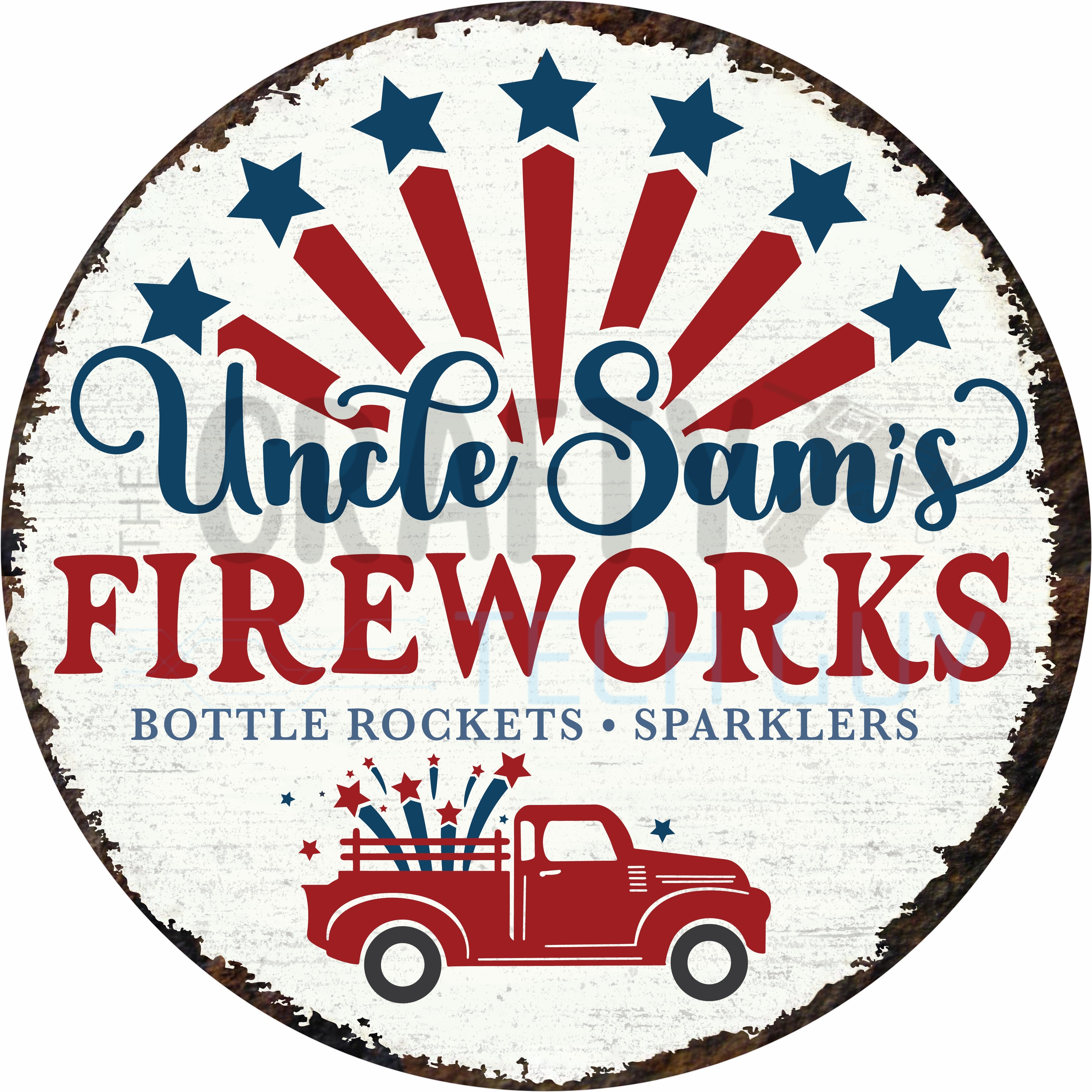 Uncle Sam’s Fireworks Round Wreath Sign – Patriotic Red White & Blue Americana Decor
