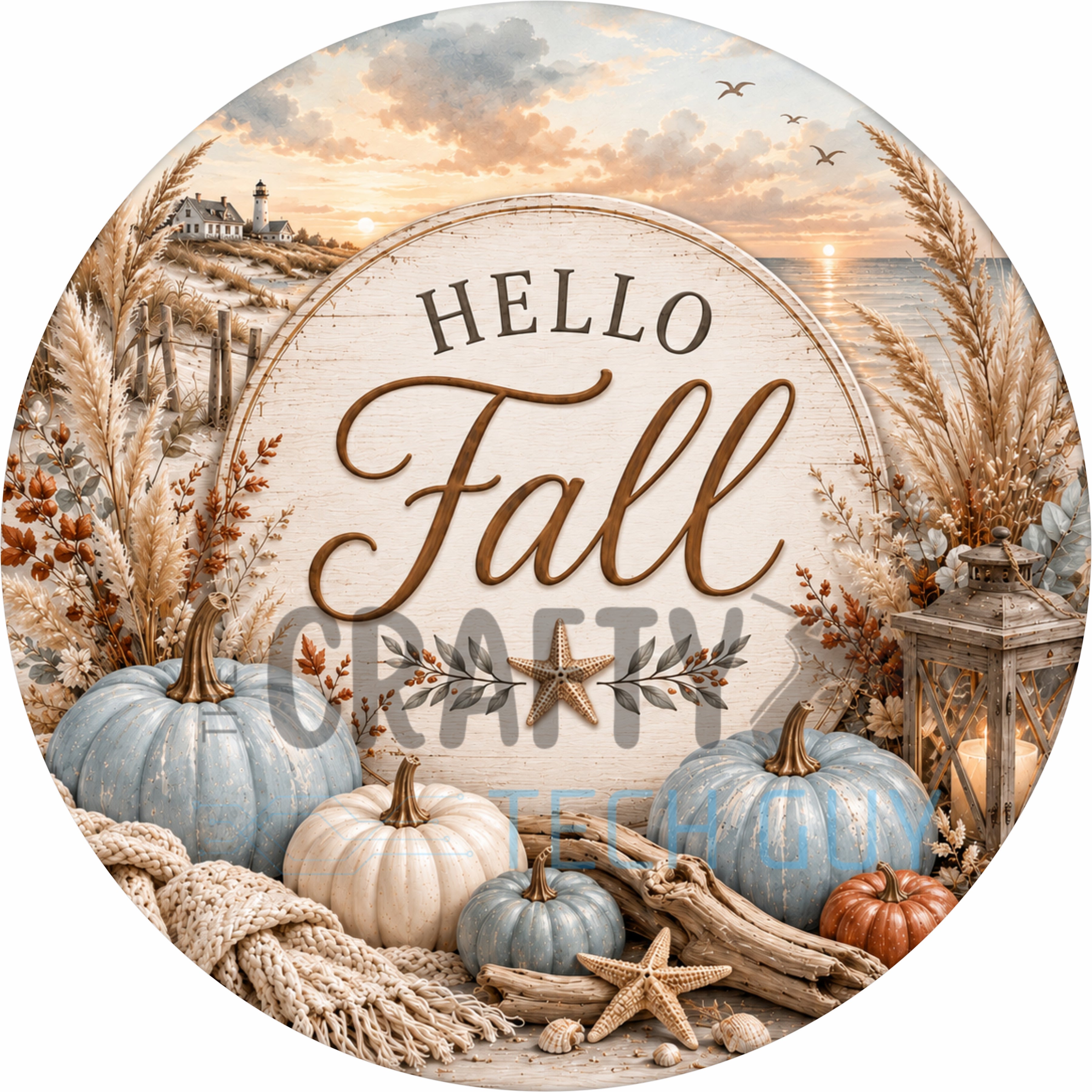 Coastal Hello Fall Pumpkin Beach Cottage Round Wreath Sign