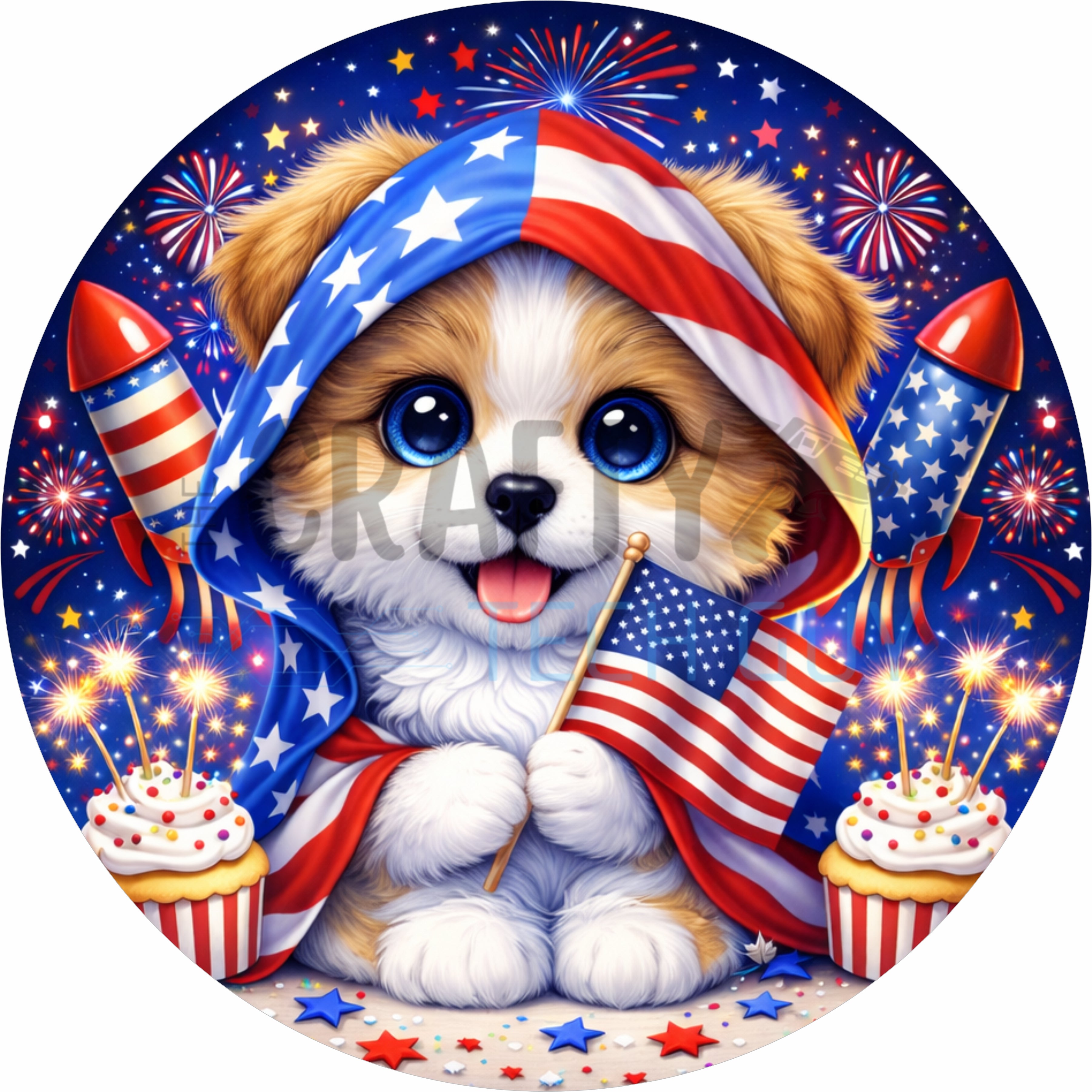 Patriotic Puppy Fireworks Round Wreath Sign