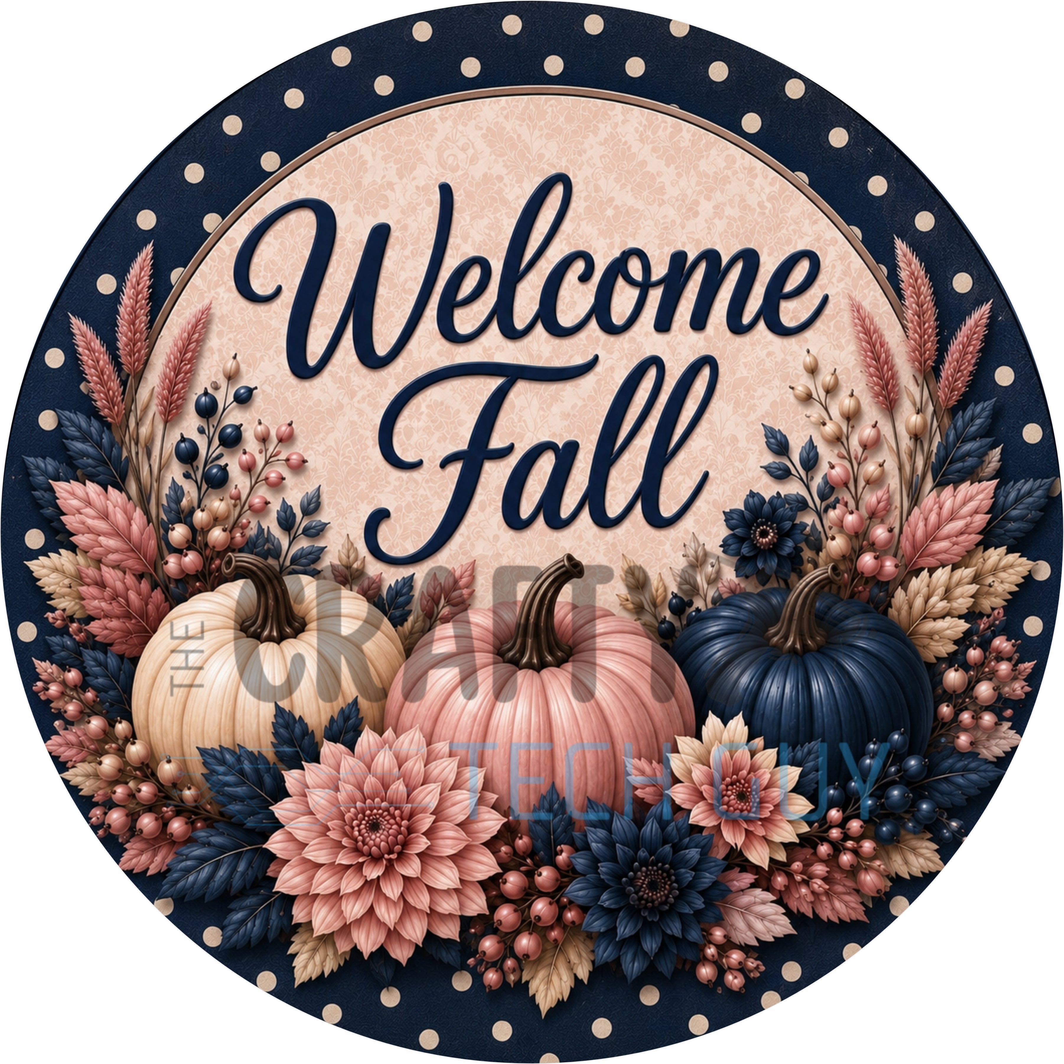 Navy Blue and Blush Pumpkin Welcome Fall Round Wreath Sign