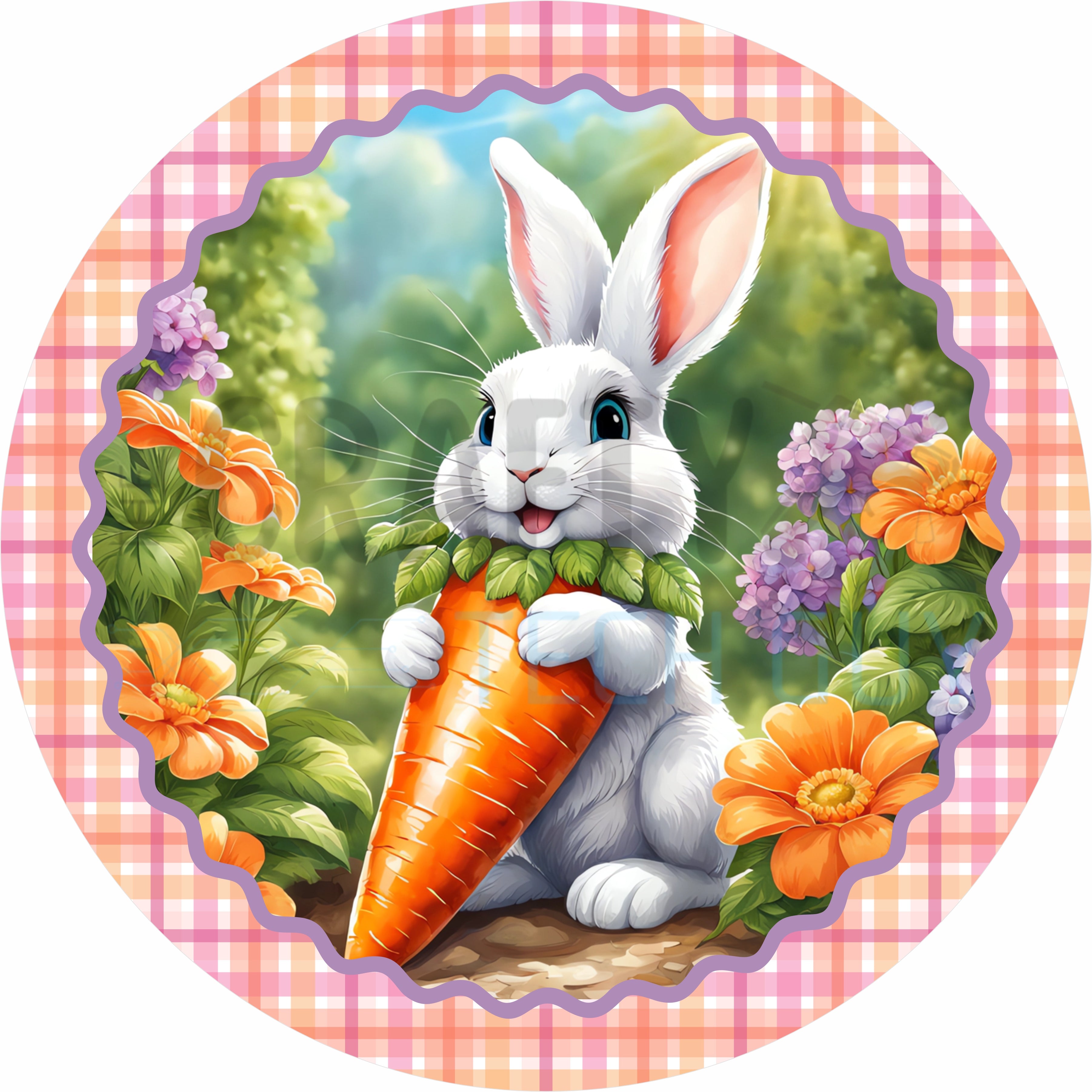 Easter Bunny Round Wreath Sign – Cute Bunny with Carrot Spring Floral Decor