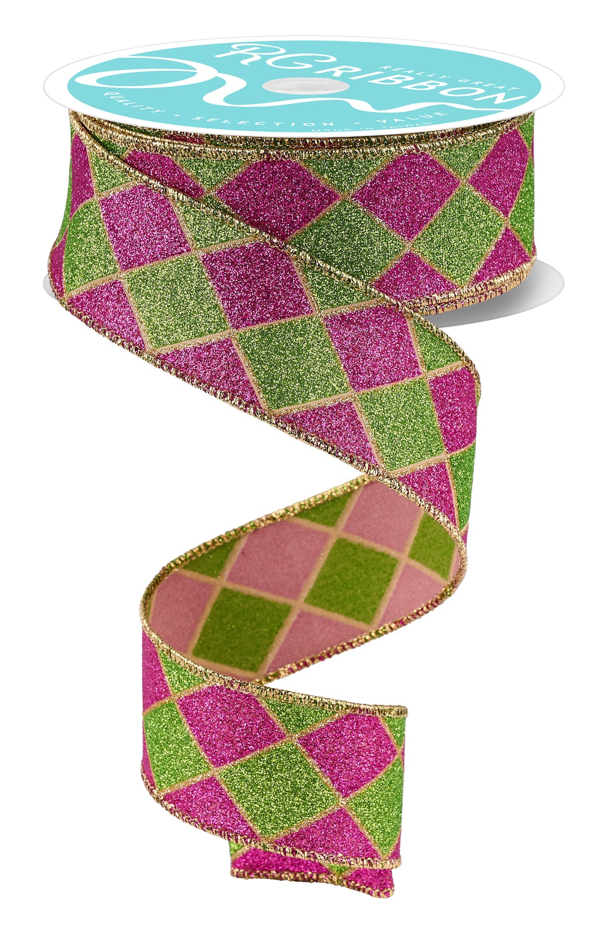 1.5 Inch 10 Yard Green and Hot Pink Glitter Harlequin Wired Ribbon with Gold Edge
