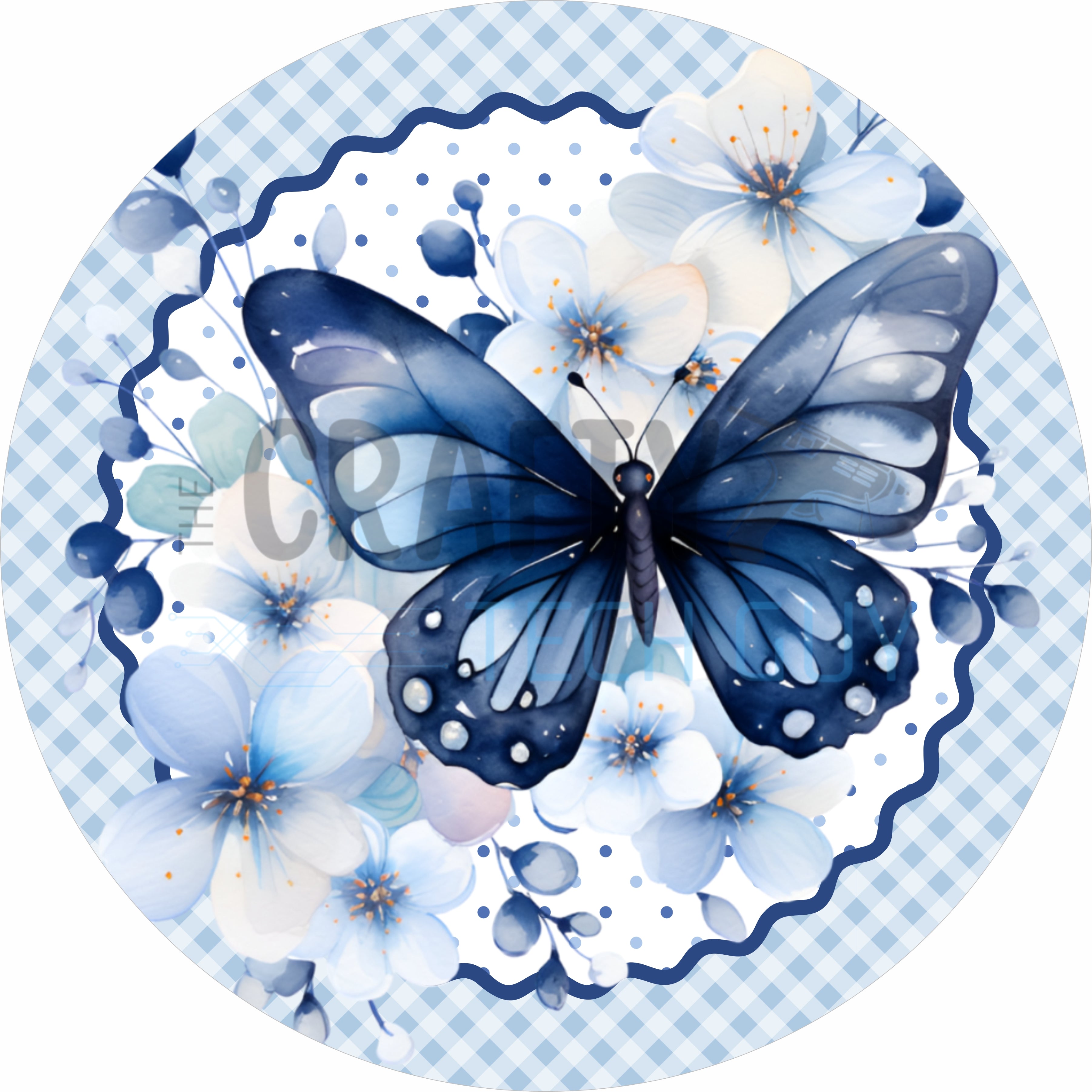 Blue Butterfly Floral Round Wreath Sign