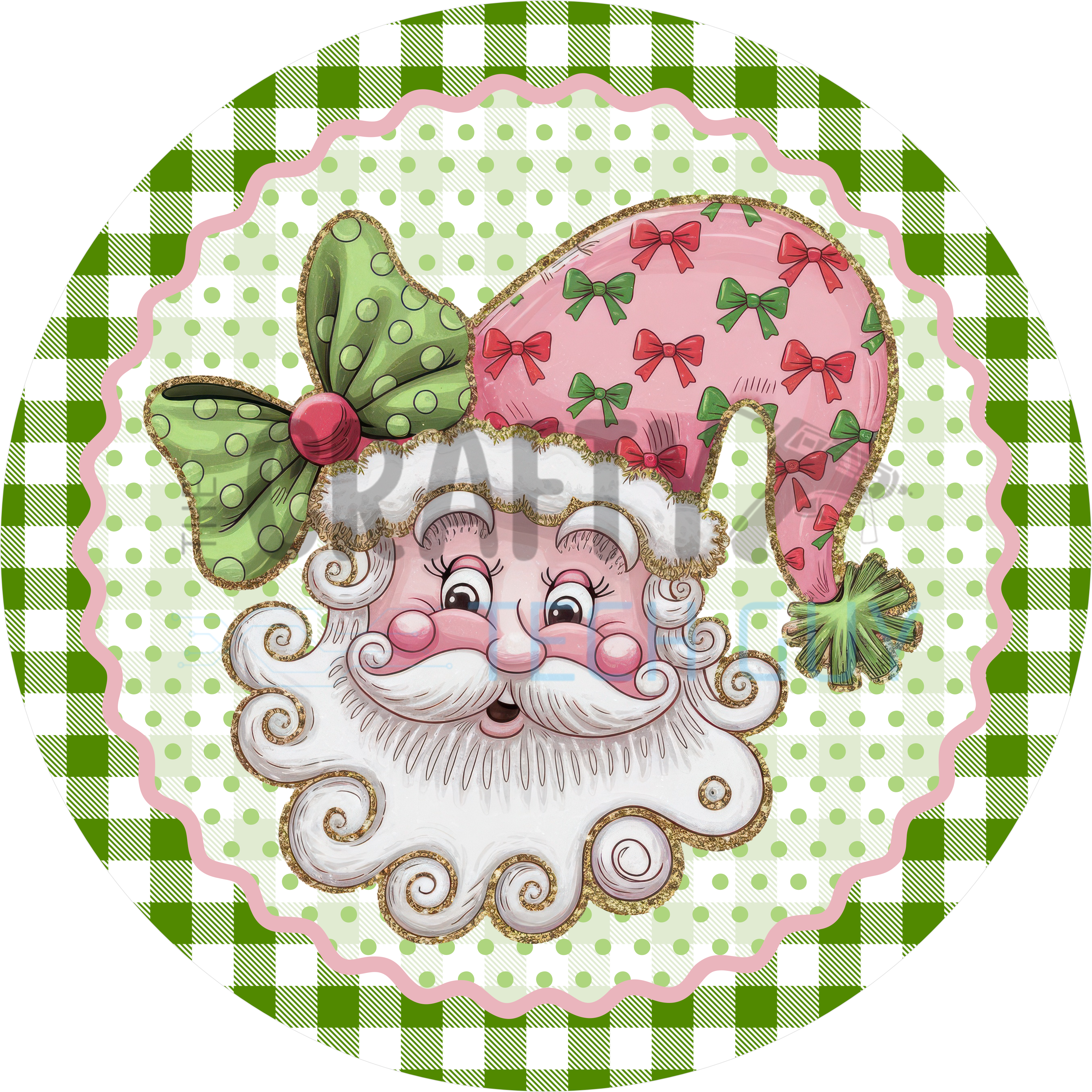 Whimsical Pink and Green Santa Design | Retro Christmas Art with Polka Dots and Bows | Playful Holiday Décor for Festive Cheer