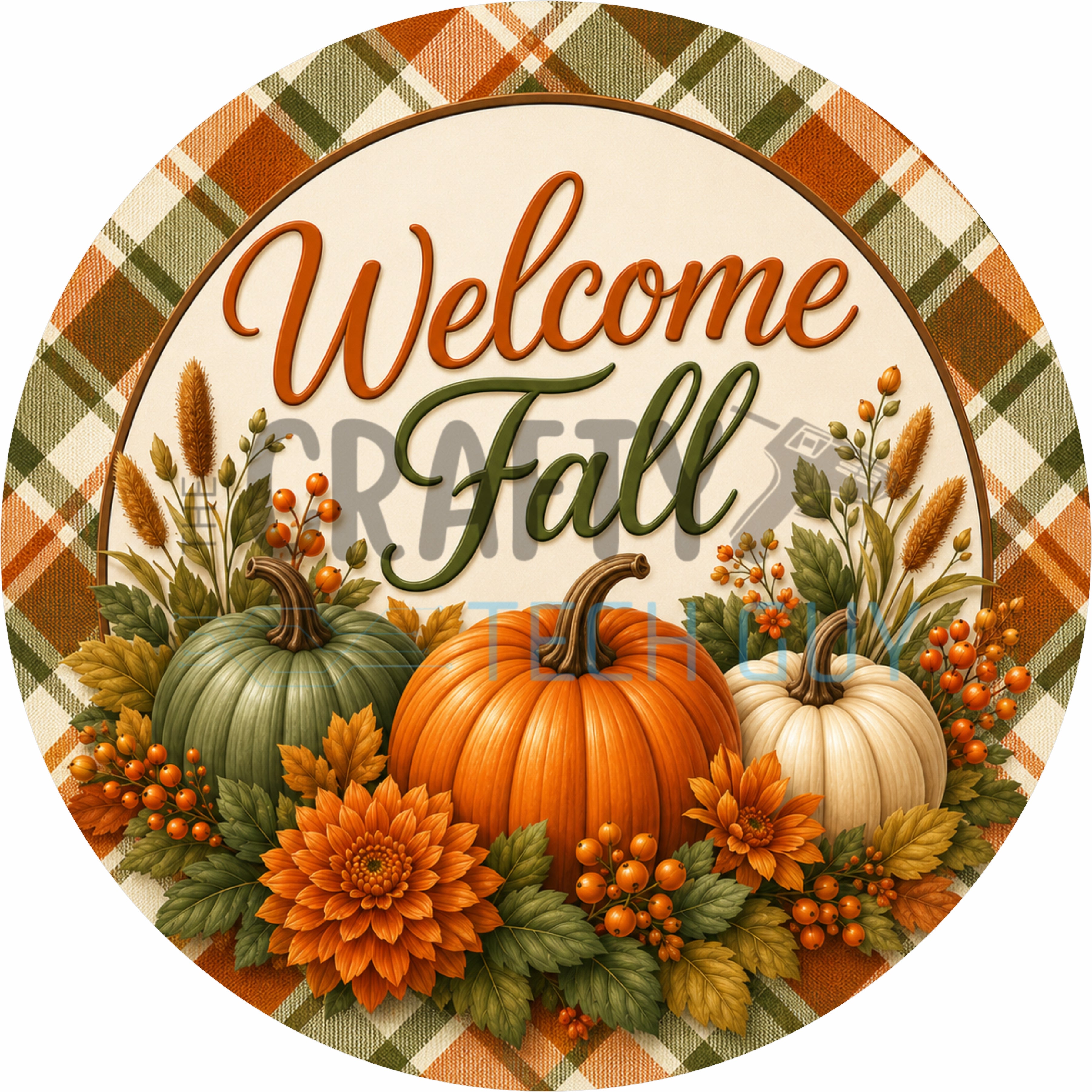 Plaid Pumpkin Harvest Welcome Fall Round Wreath Sign