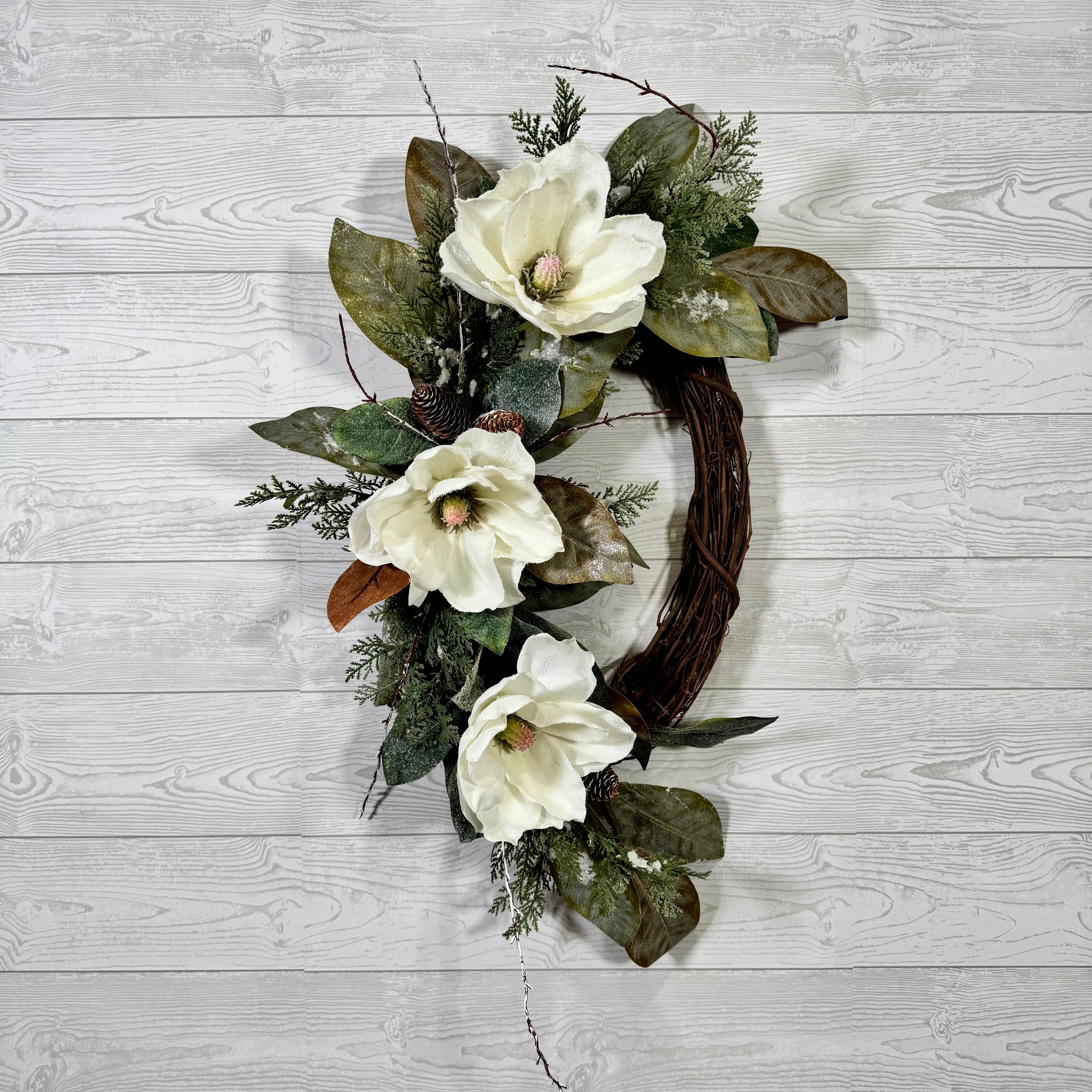 Elegant White Snowy Magnolia Wreath with Natural Greenery, Pine Accents, and Rustic Grapevine Base for Year-Round Front Door Decor