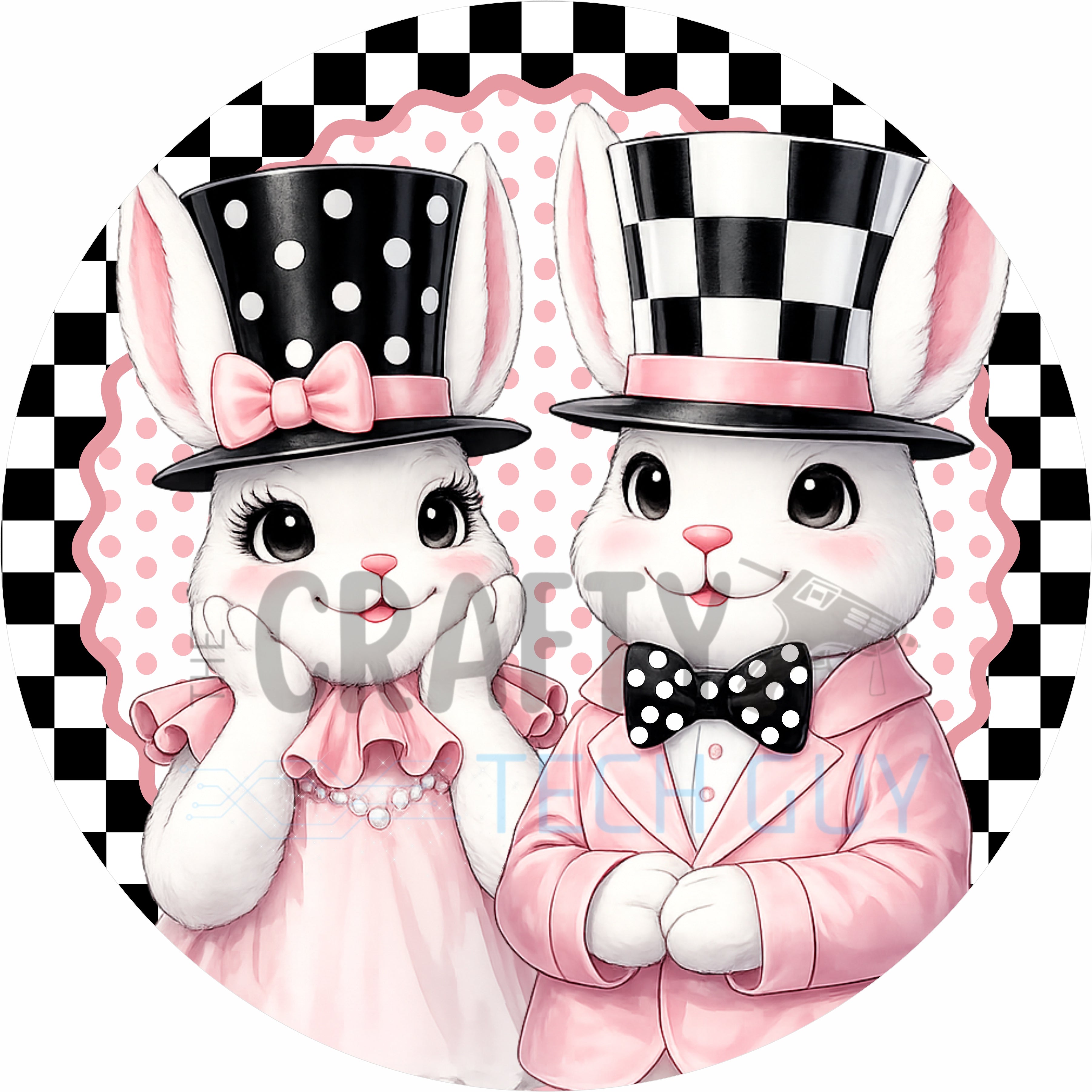 Pink Easter Bunny Couple Round Wreath Sign