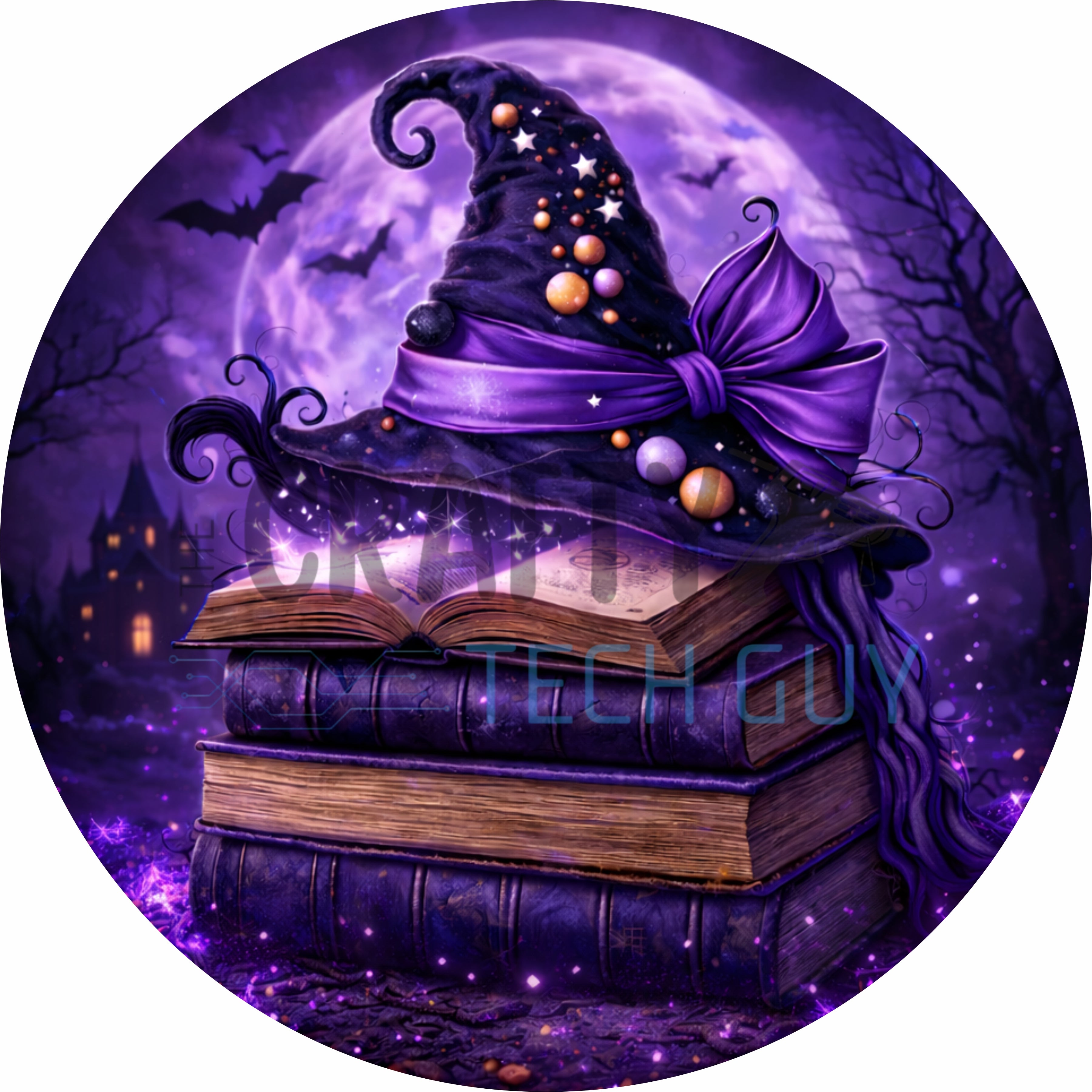 Enchanted Purple Witch Hat Spell Books Halloween round wreath sign