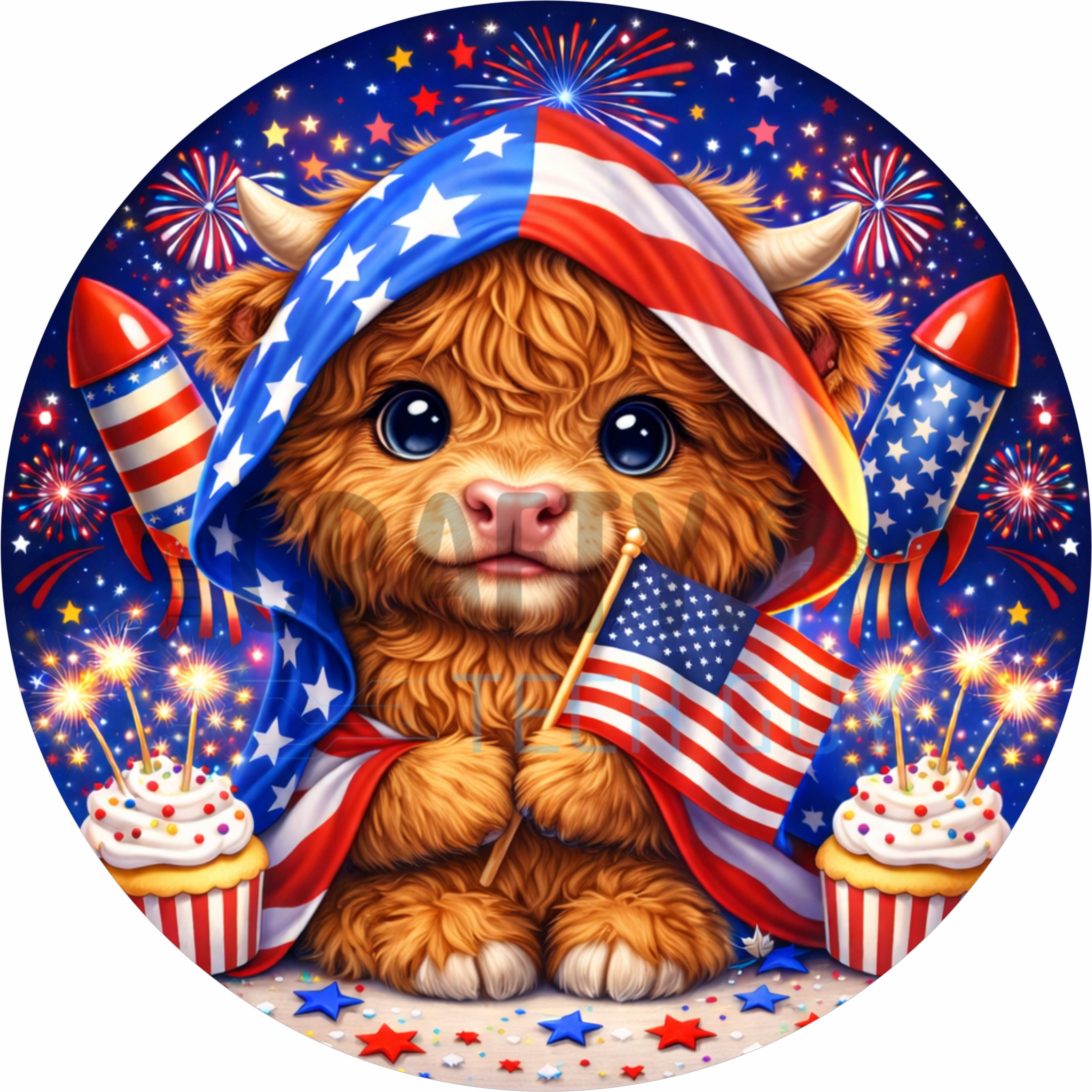 Patriotic Highland Cow 4th of July Round Wreath Sign