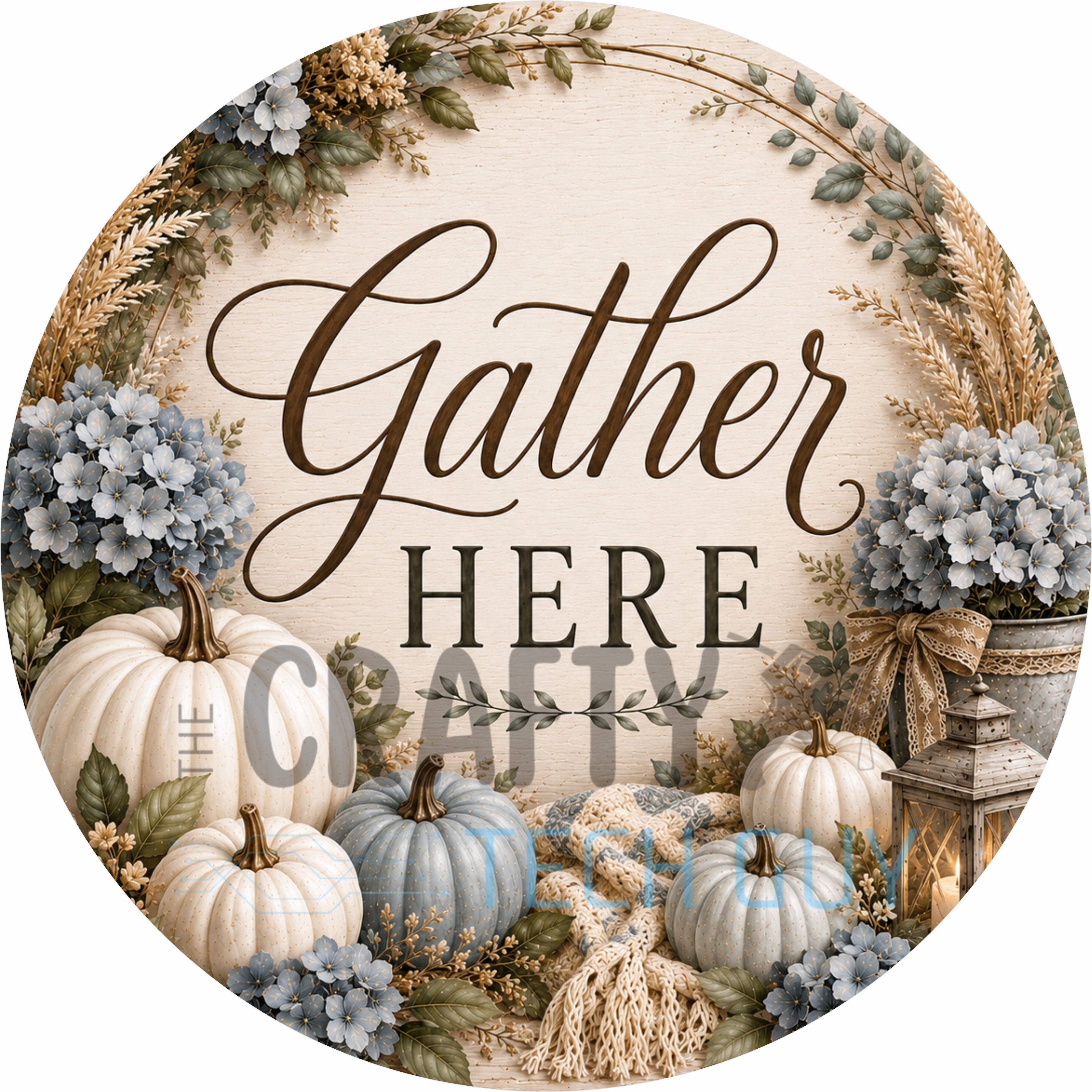 Gather Here Blue Hydrangea Pumpkin Fall Round Wreath Sign